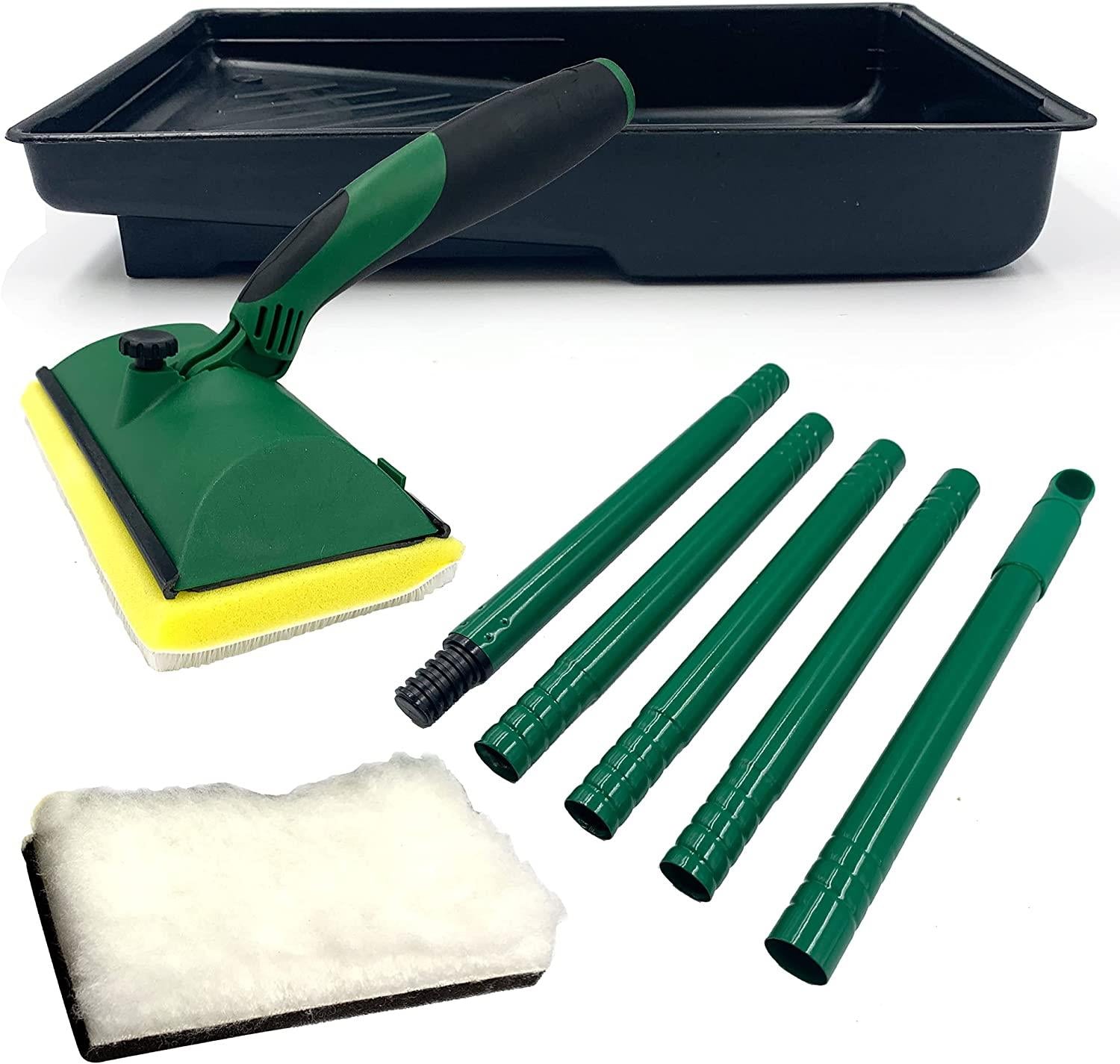 A paint mixing and application tool kit on a white background, including a black paint tray, a green and yellow paint mixer wand, four green extension poles, and a white foam pad.