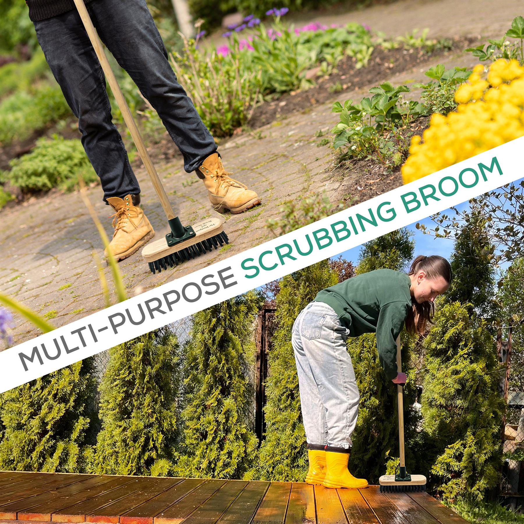 Collage of people using a scrubbing broom in various outdoor settings.