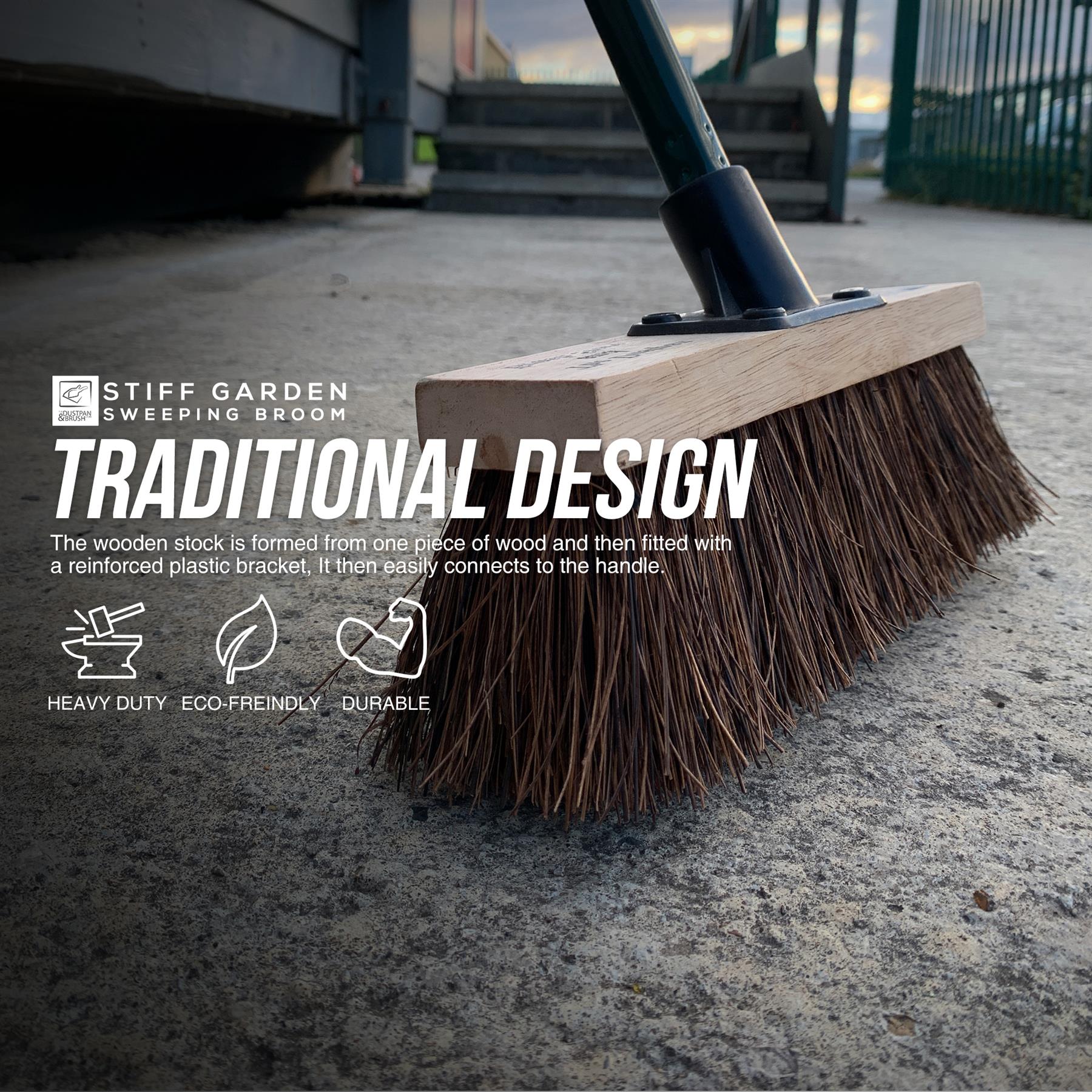 Environmental close up image of the 10" Stiff Bassine Broom on a pavement with 'traditional design' written