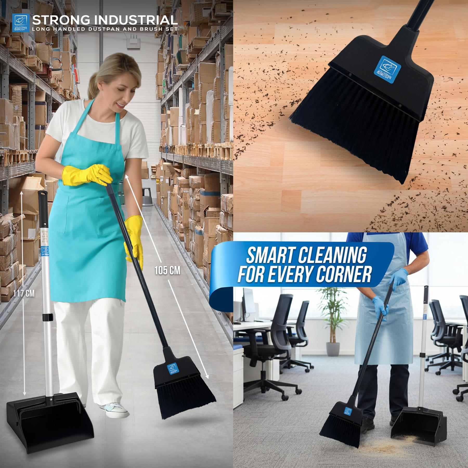 A collage showing the Heavy Duty Long Handled Dustpan and Brush Sets, including a person using it in a warehouse and office, close-up of the broom head, dimensions labeled, and marketing text reading 'STRONG INDUSTRIAL' and 'SMART CLEANING FOR EVERY CORNER.'.