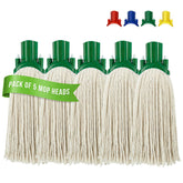 Pack of 5 cotton mop heads with green plastic collars, shown on a white background with a green banner reading 'PACK OF 5 MOP HEADS' and small color options at the top.