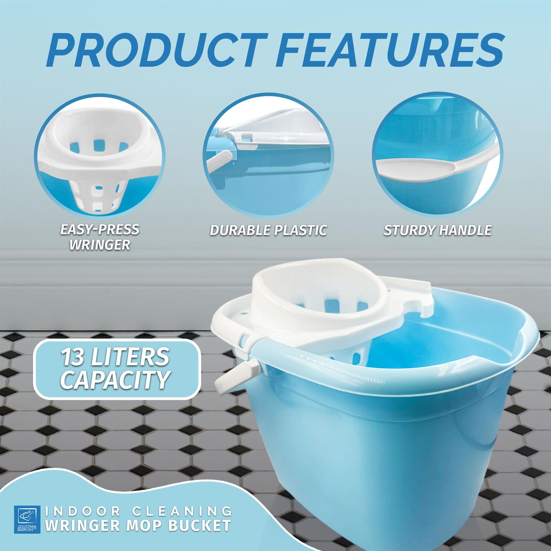 A light blue plastic mop bucket with a white wringer attachment, shown on a tiled floor background with feature callouts and text including 'PRODUCT FEATURES', '13 LITERS CAPACITY', and 'INDOOR CLEANING WRINGER MOP BUCKET'.