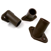 Three dark brown metal cylindrical pipe couplings with flat mounting flanges, shown on a clean white background.