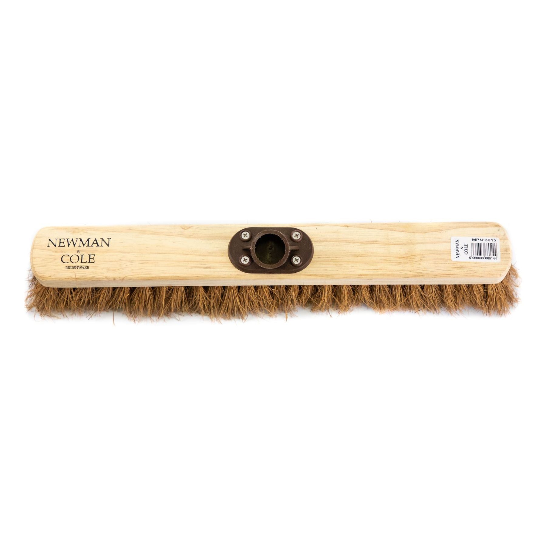 Birdseye view of the 18" Newman and Cole Natural Soft Coco Broom Head with Plastic Socket On a white background