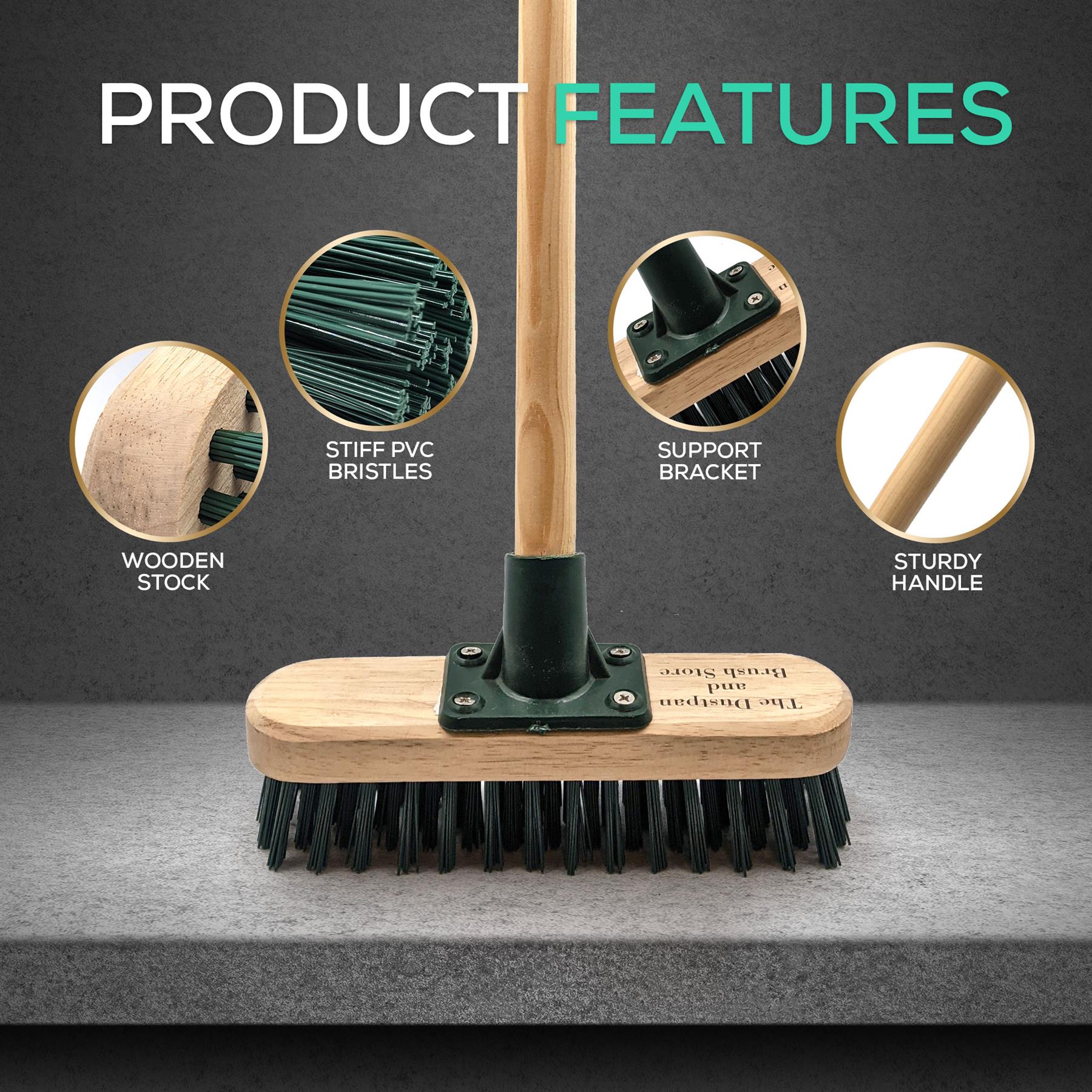 Cleaning brush with wooden stock and bristles, featuring product features on a gray background.