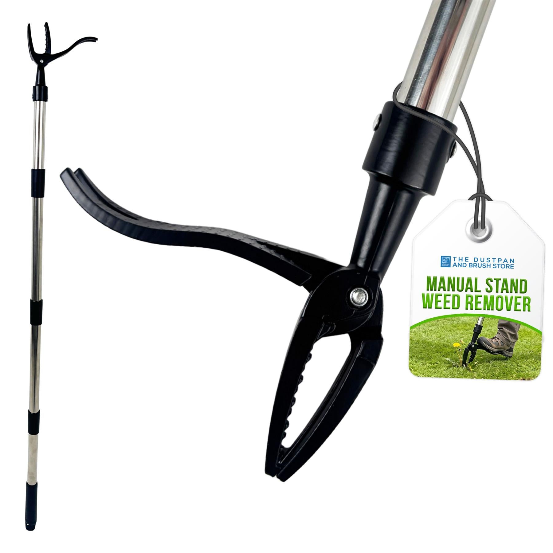 Manual stand weed remover shown on a white background, with the black and silver lever-style hand tool, a folded telescoping pole view, and a hanging product tag