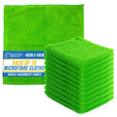 A pack of ten bright green microfibre cleaning cloths, with one unfolded cloth showing the texture and a stack of ten folded cloths in front. The packaging label reads 'DUSTPAN & BRUSH' and 'PACK OF 10 MICROFIBRE CLOTHS 40CM X 40CM'.