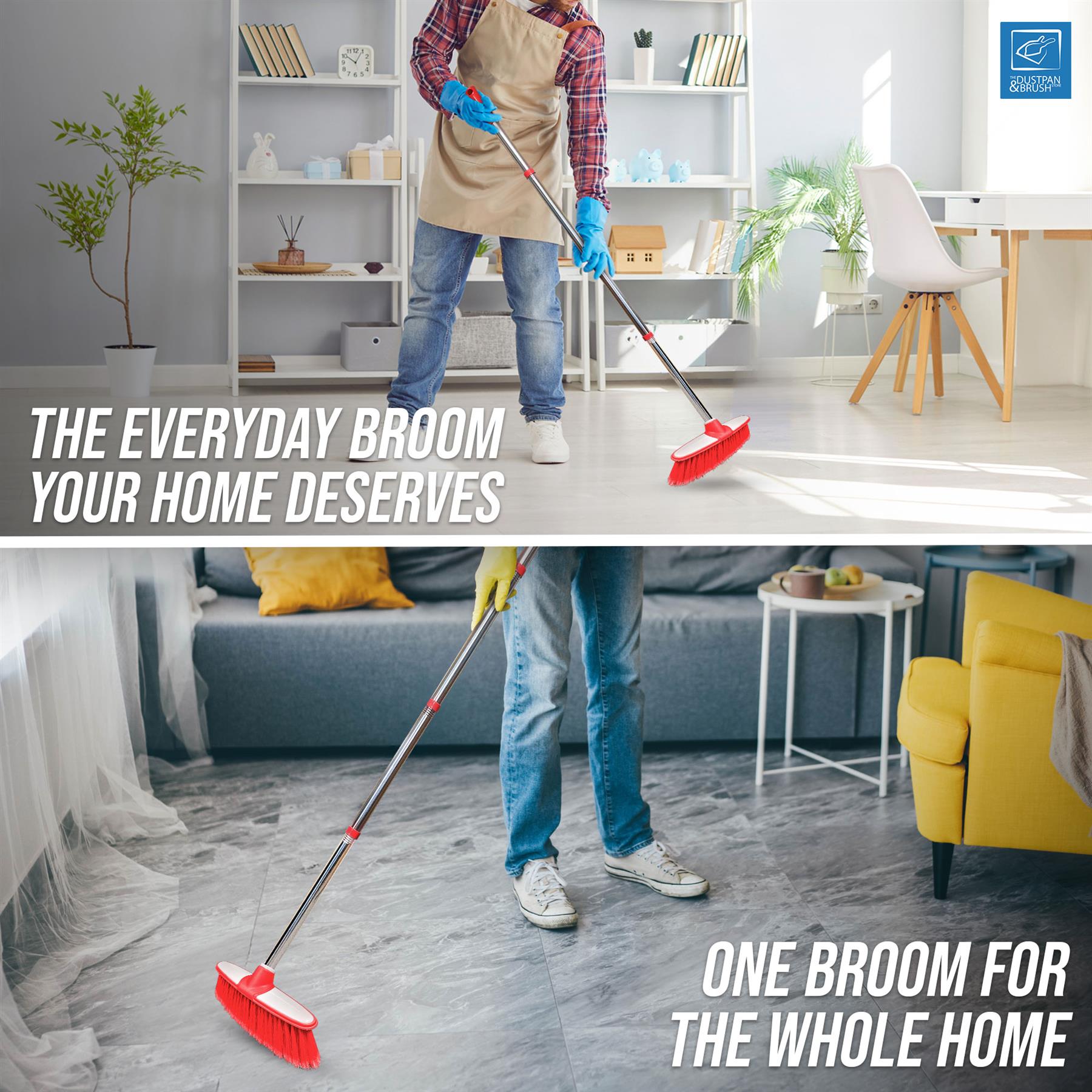 Person cleaning a home with a broom, with text highlighting the product's features.