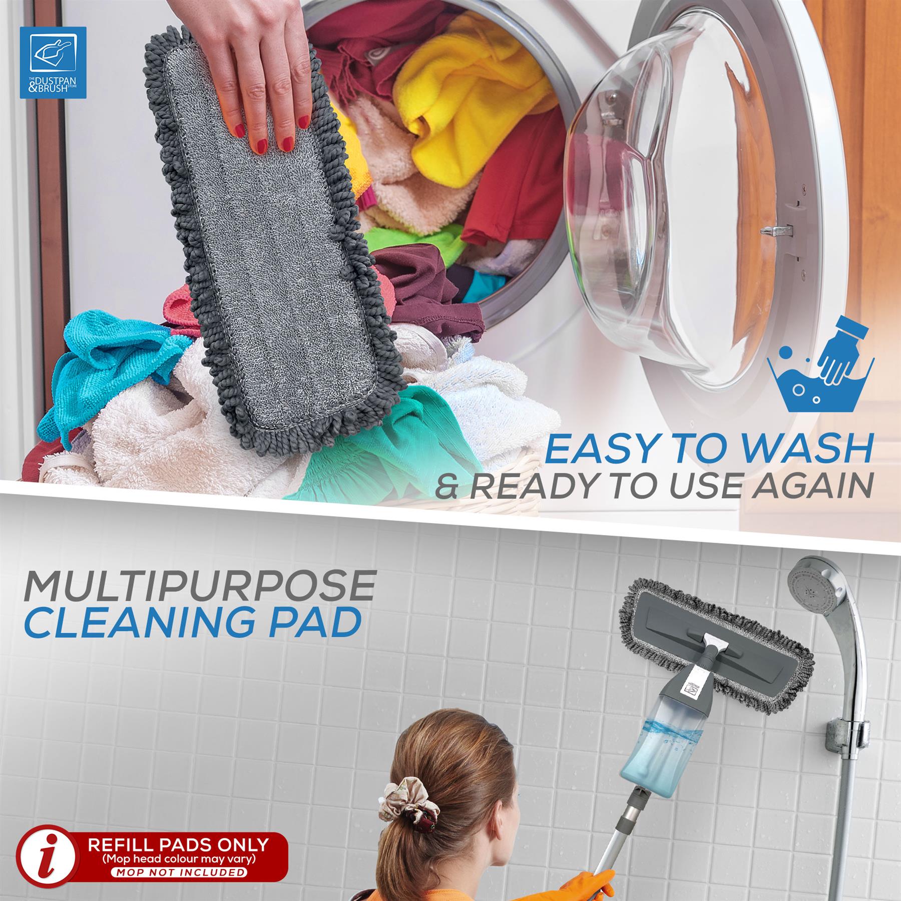 A multipurpose cleaning pad shown in a laundry and bathroom cleaning context, with a hand holding a grey microfibre pad in front of a washing machine and a woman using a cleaning wand in a tiled bathroom. Text highlights easy to wash and reusable features.