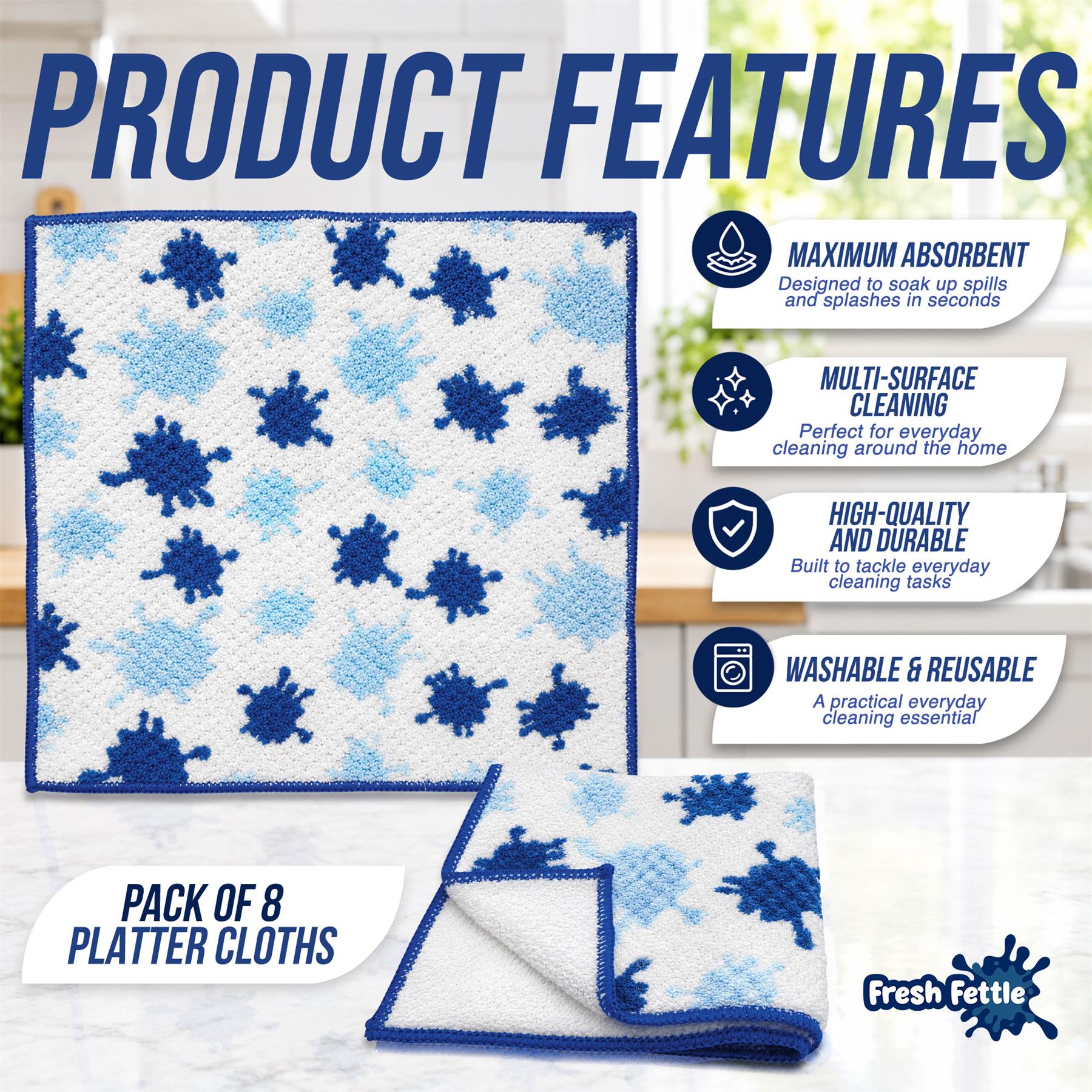 Fresh Fettle Max Absorb Microfibre Cloths features and a kitchen background
