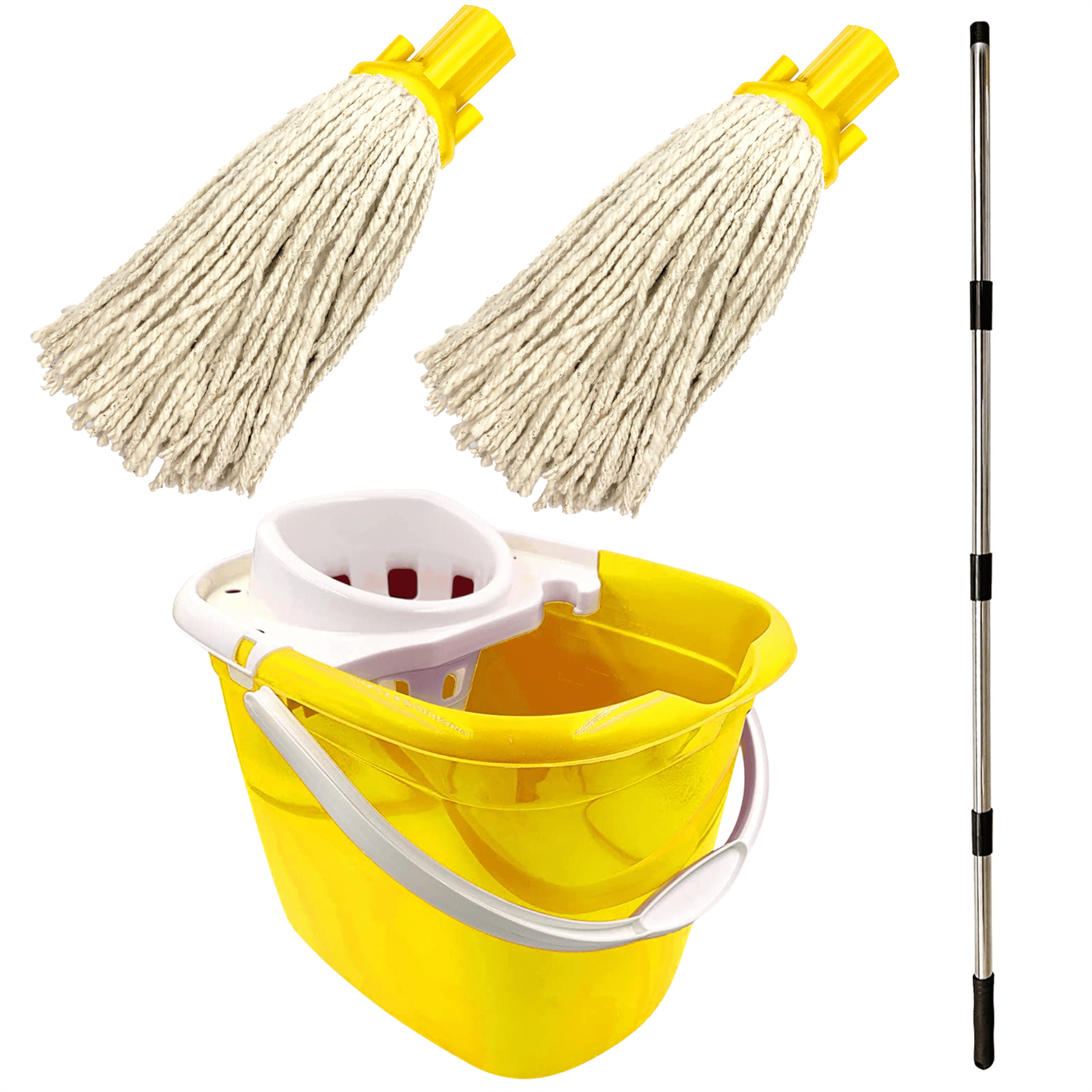 Yellow Mop Bucket with 2 Cotton Mop Heads and 4 Piece Handle - The Dustpan and Brush Store