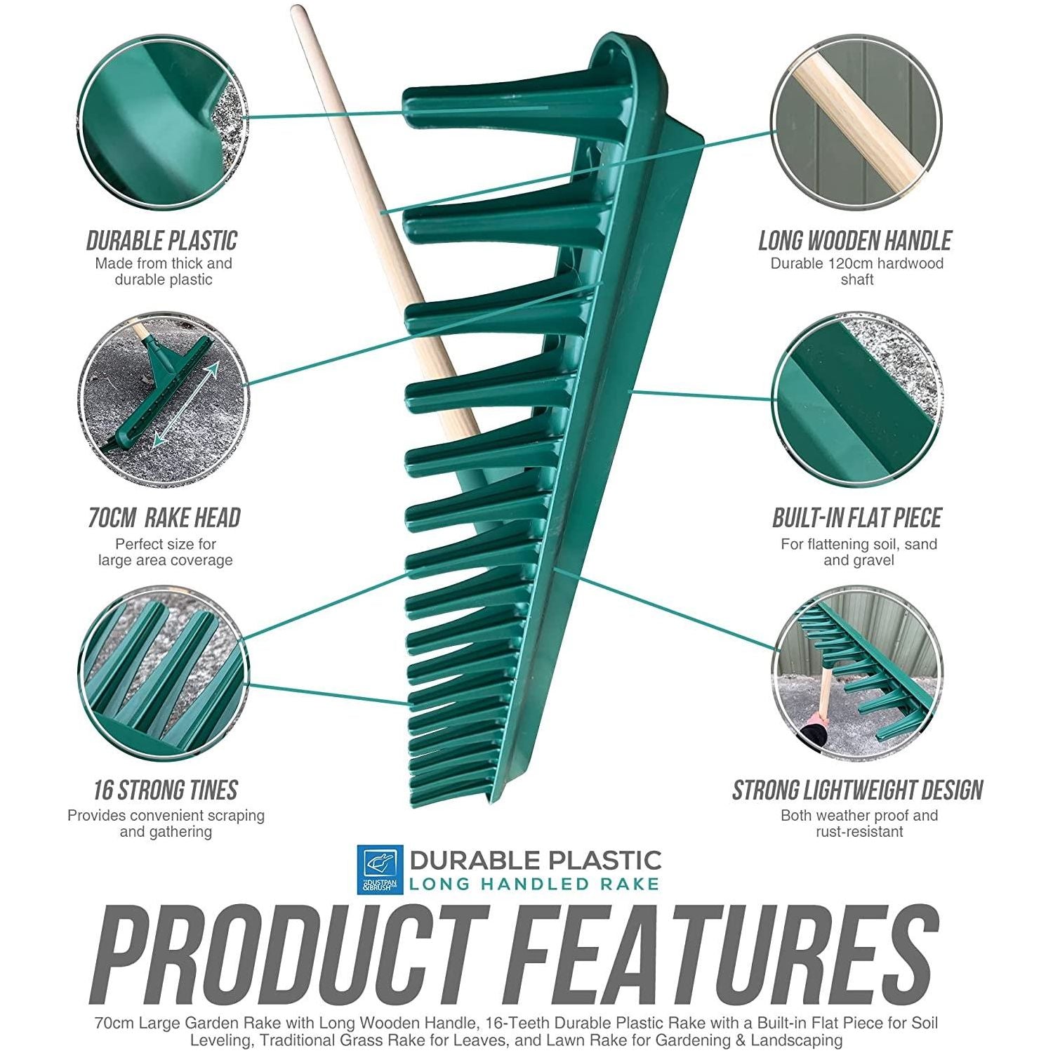 Big Plastic Rake Head with Wooden Handle - The Dustpan and Brush Store