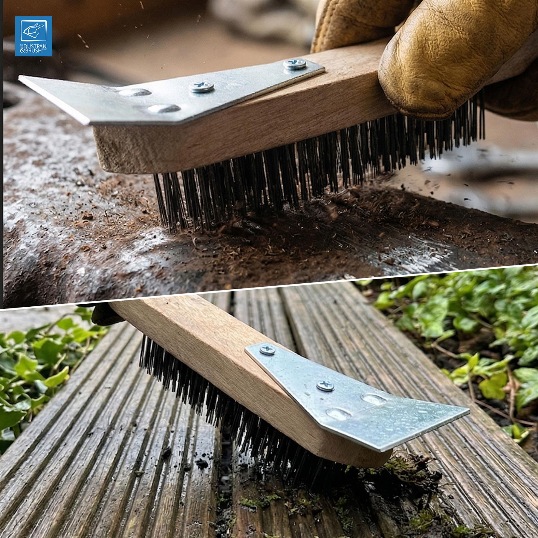 A close-up split view of a hand holding a wooden cleaning brush with metal bristles against wet, dirty surfaces outdoors. The top panel shows the brush in use, with a gloved hand visible, and the bottom panel shows the brush resting on a wooden deck with greenery in the background.