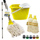 Yellow Mop Bucket Set with 2 Cotton Mop Heads & Handle on a white background