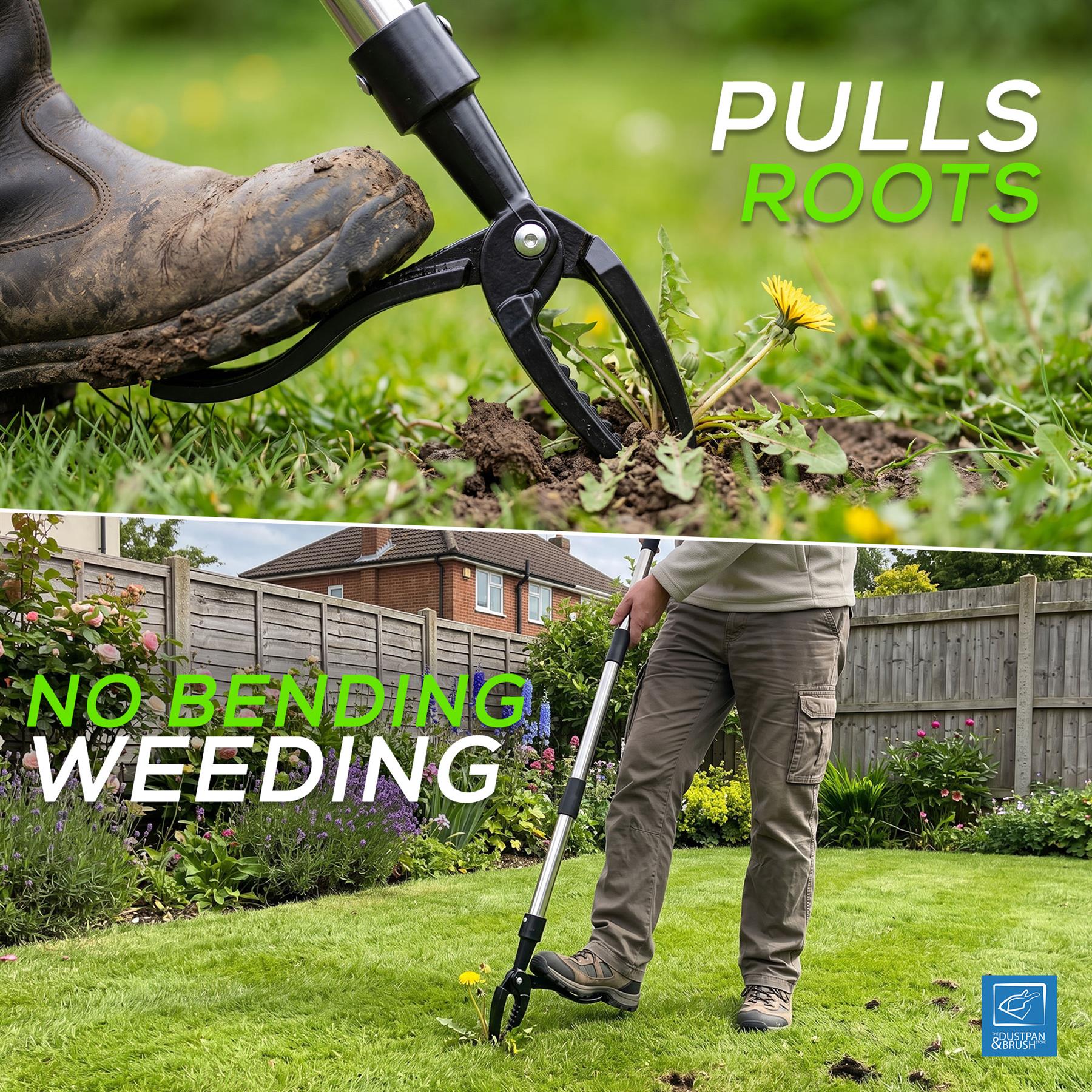 A split promotional image for a weeding tool. The top half shows a close-up of a boot using black long-handled weeding shears to pull a dandelion from grass, with the text 'PULLS ROOTS.