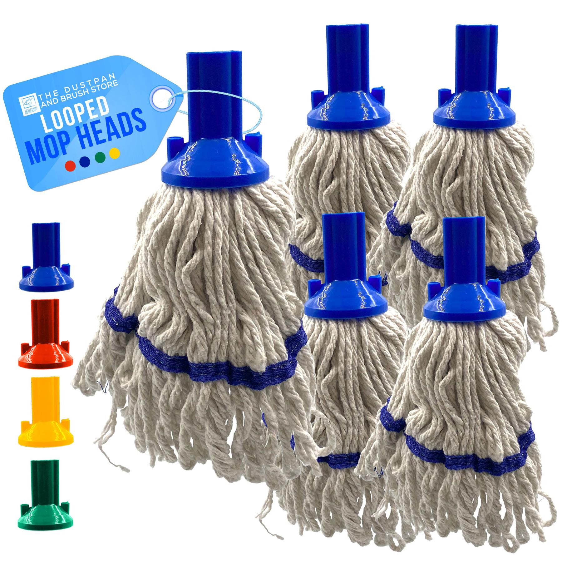 Set of 5 mop heads with blue ends and a tag labeled 'Looped Mop Heads' on a white background.