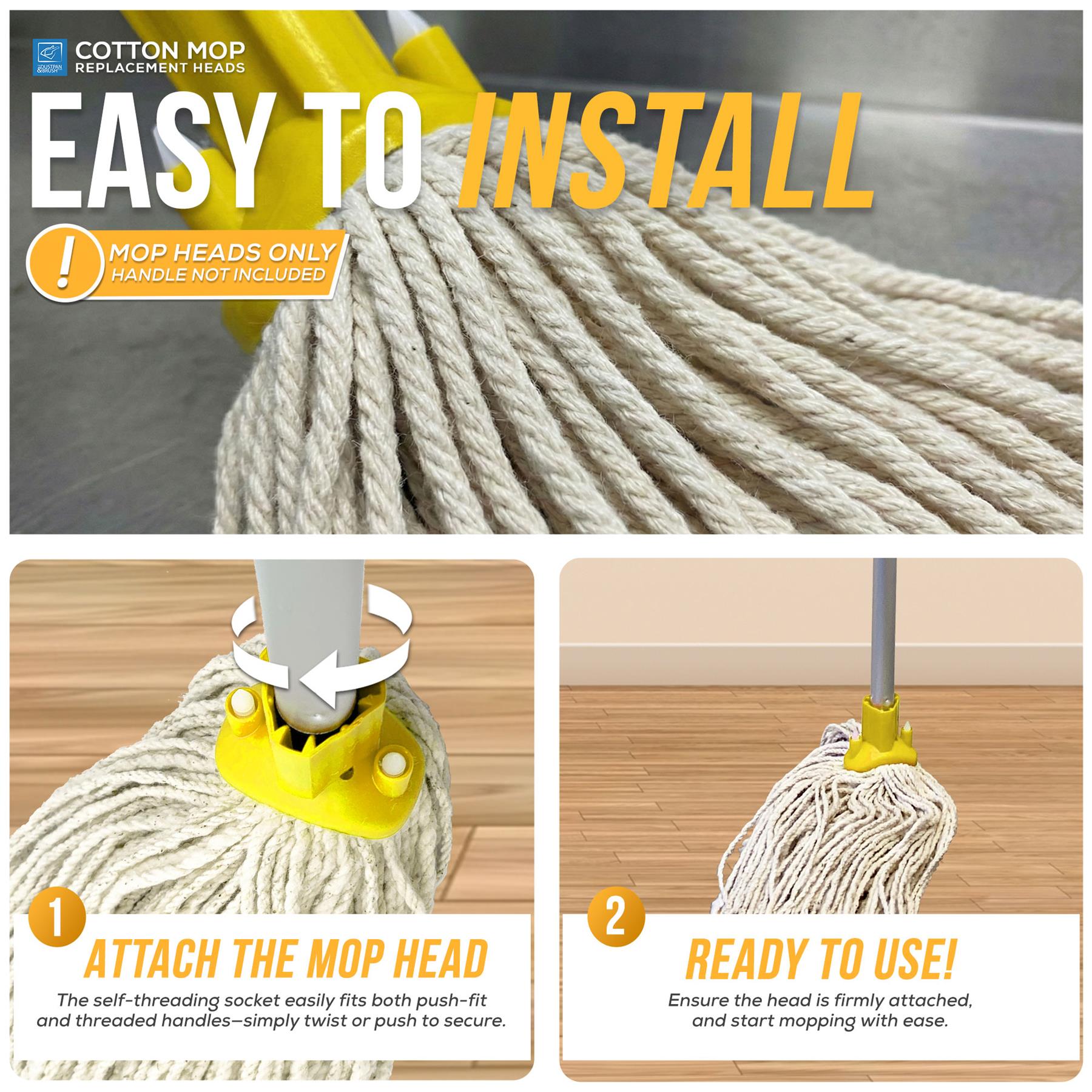 Instruction graphic for a cotton mop replacement head, showing a close-up of the rope head, installation steps with arrows, and text reading 'EASY TO INSTALL' and 'ATTACH THE MOP HEAD' and 'READY TO USE!'.