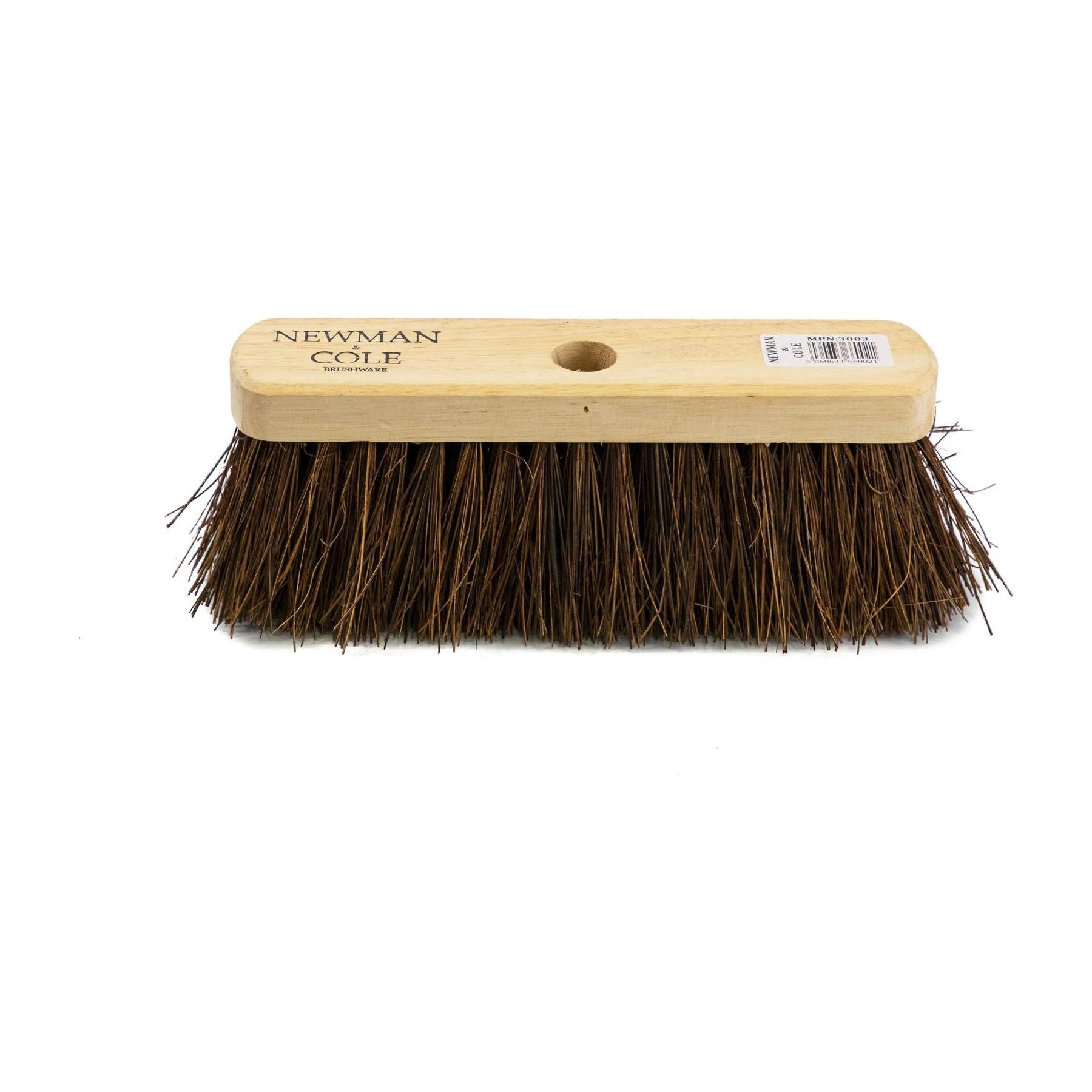 10" Newman and Cole Natural Stiff Bassine Broom Head with Hole and Wooden Handle - The Dustpan and Brush Store