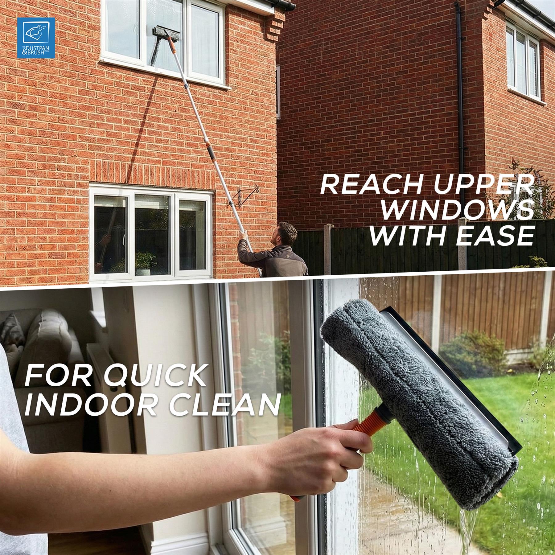 Window cleaning tool being used to clean windows on a brick building and inside a house.