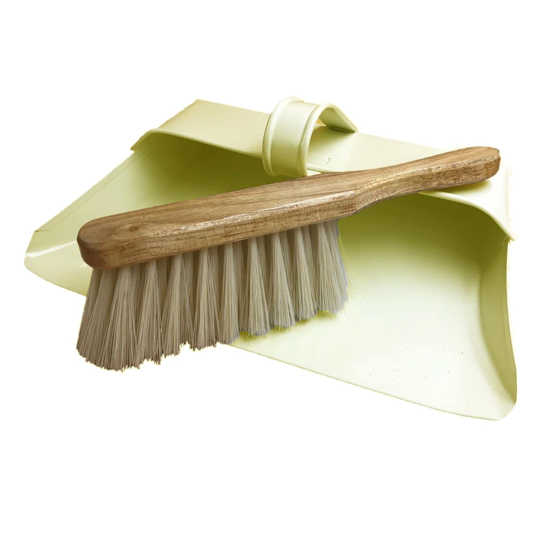 Cream Metal Hooded Traditional Design Dustpan with Soft Bristle Wooden Hand Brush