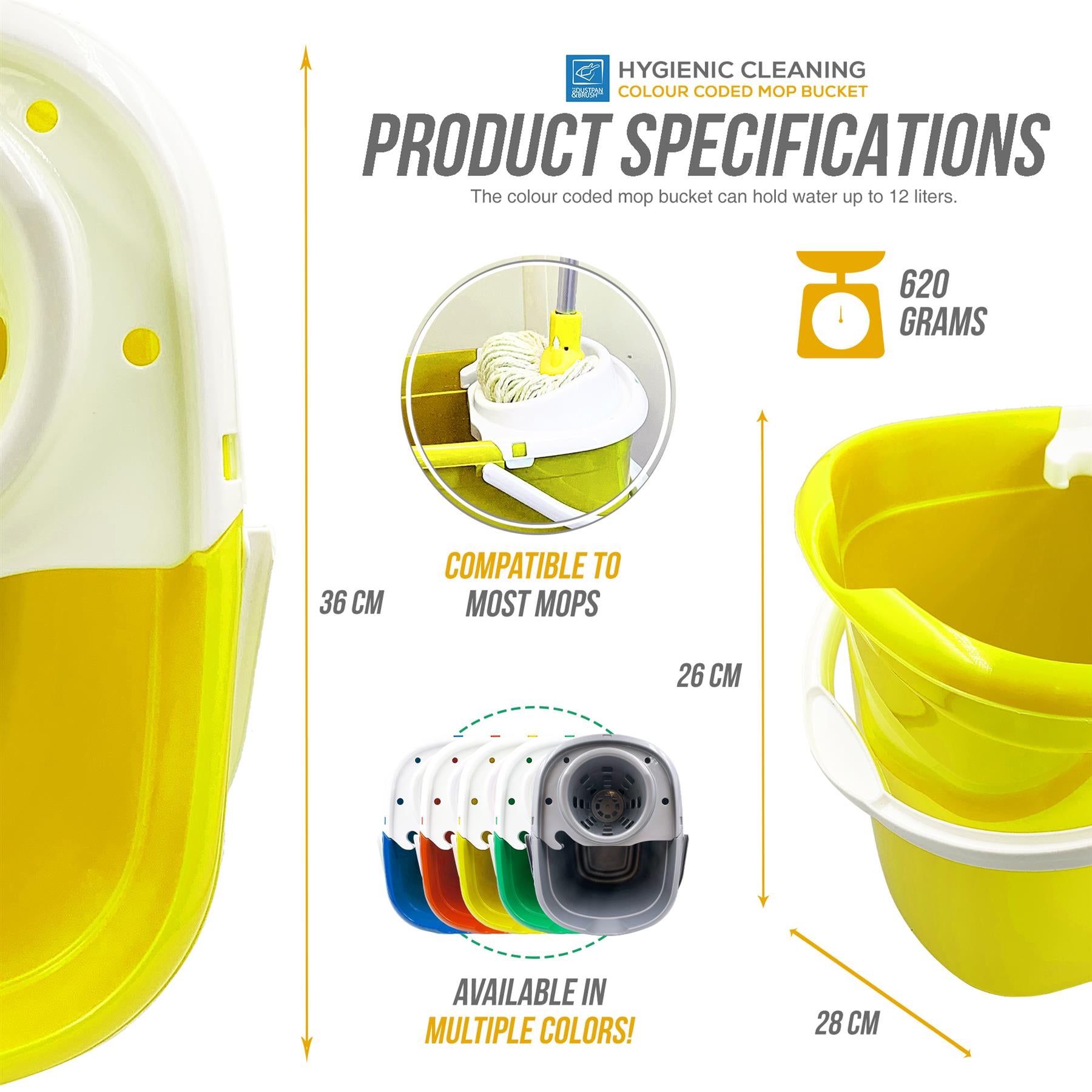 Yellow mop bucket with product specifications on a white background