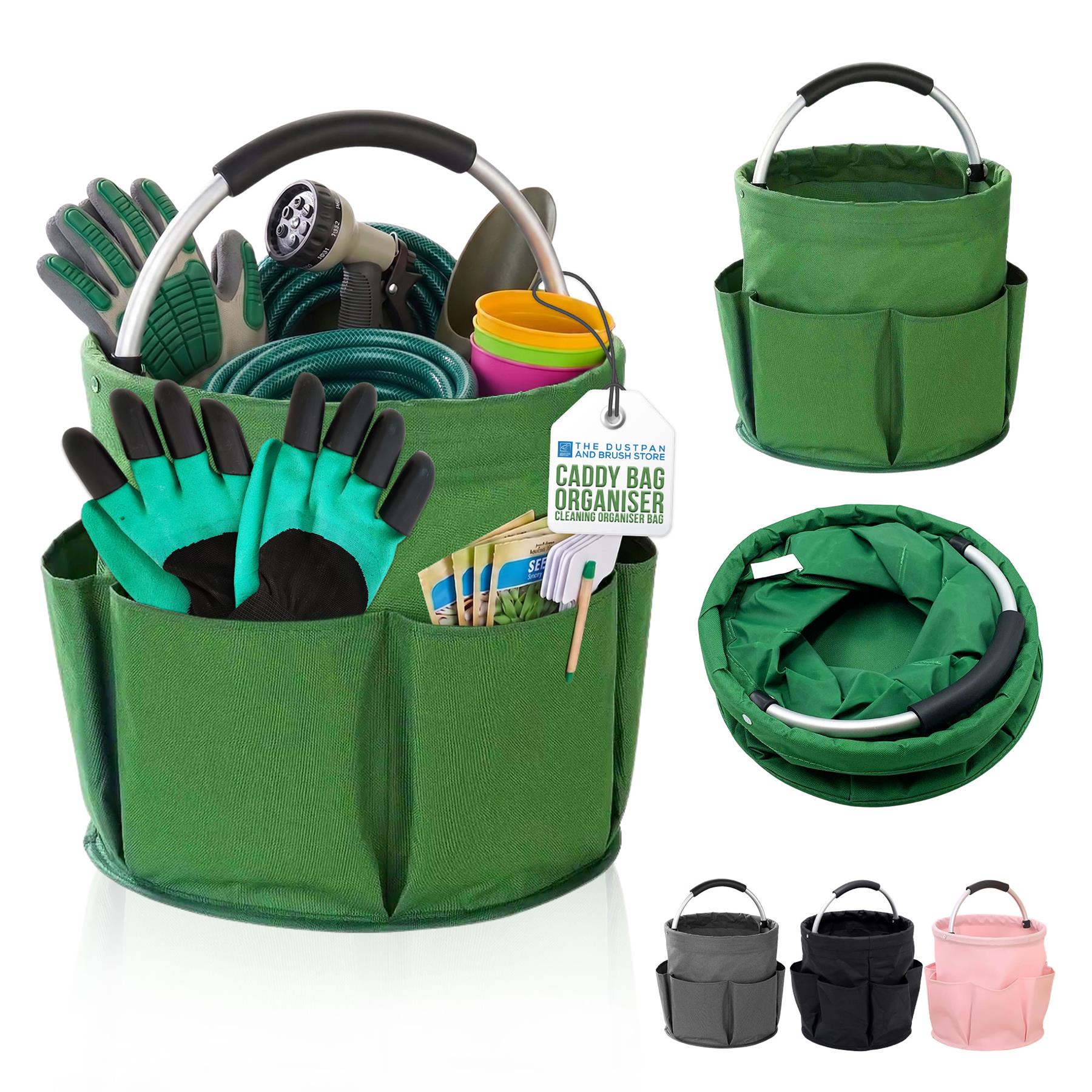 Green fabric caddy bag organizer shown on a white background, filled with gardening tools including gloves, a hose, and a watering can. The image includes multiple views of the bag, a hanging product tag reading 'The American Caddy Bag Organiser,' and small color variants in gray, black, and pink at the bottom right.