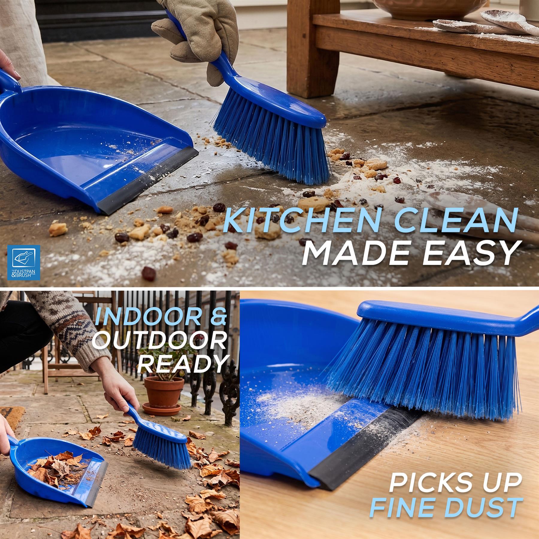 Blue broom and dustpan set cleaning up debris on a patio with text 'Kitchen Clean Made Easy'.