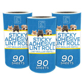 Three rolls of pet lint roller refill with blue and white packaging, featuring pictures of cats, dogs, and a golden retriever, labeled 'STICKY ADHESIVE LINT ROLL' and '90 SHEETS'.