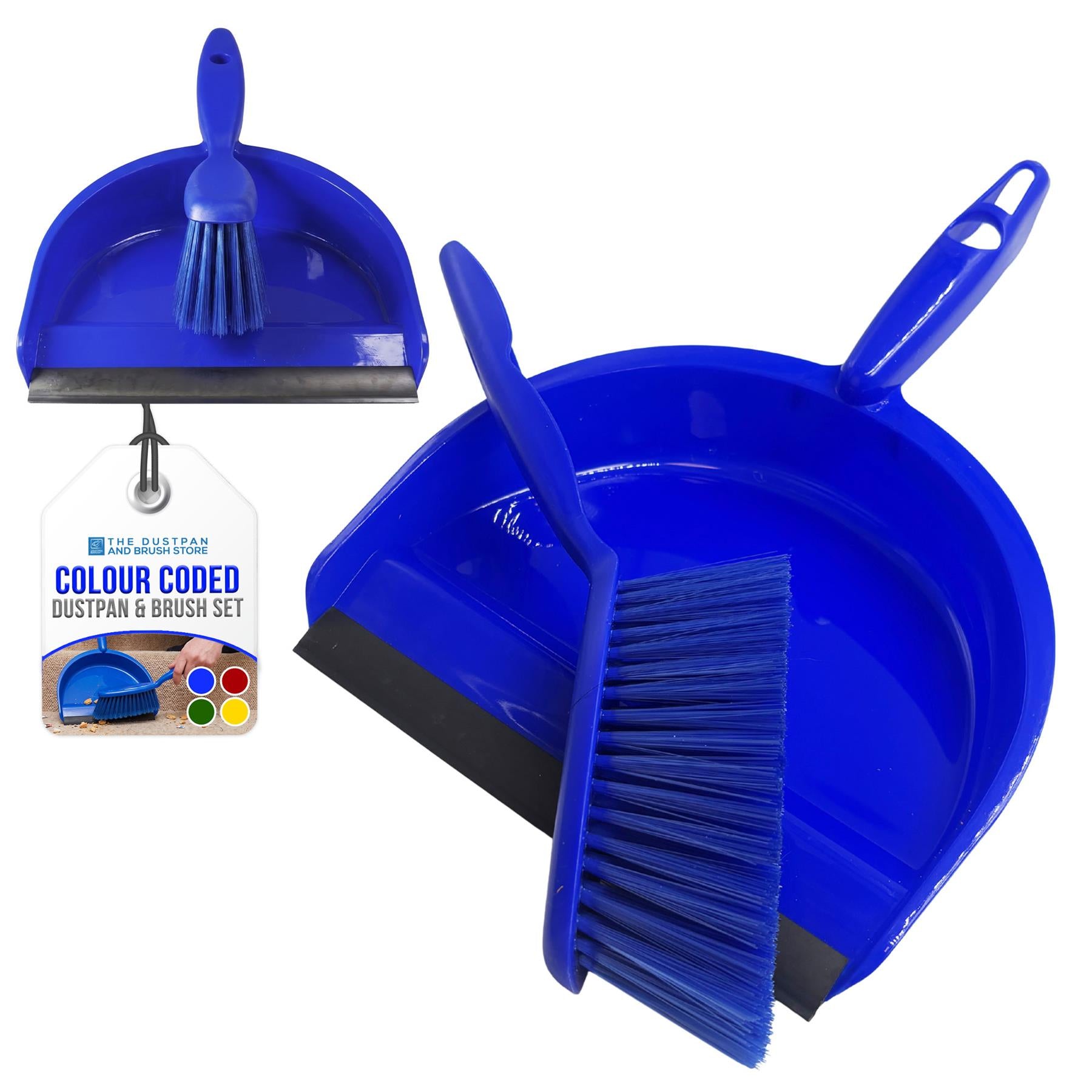 Blue dustpan and brush set with a dustpan and brush on a white background