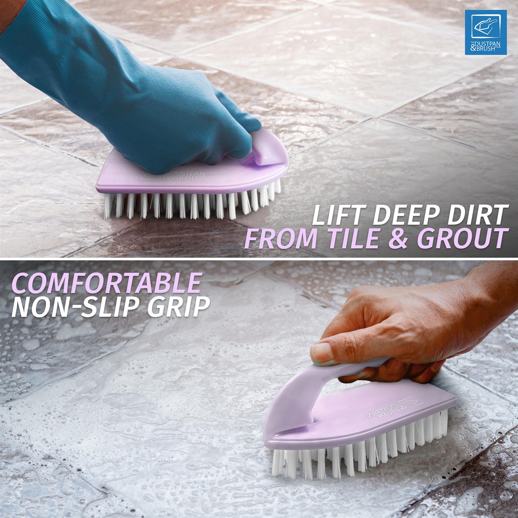 Lilac Iron scrub brush being used on a tiled floor with text highlighting its features.