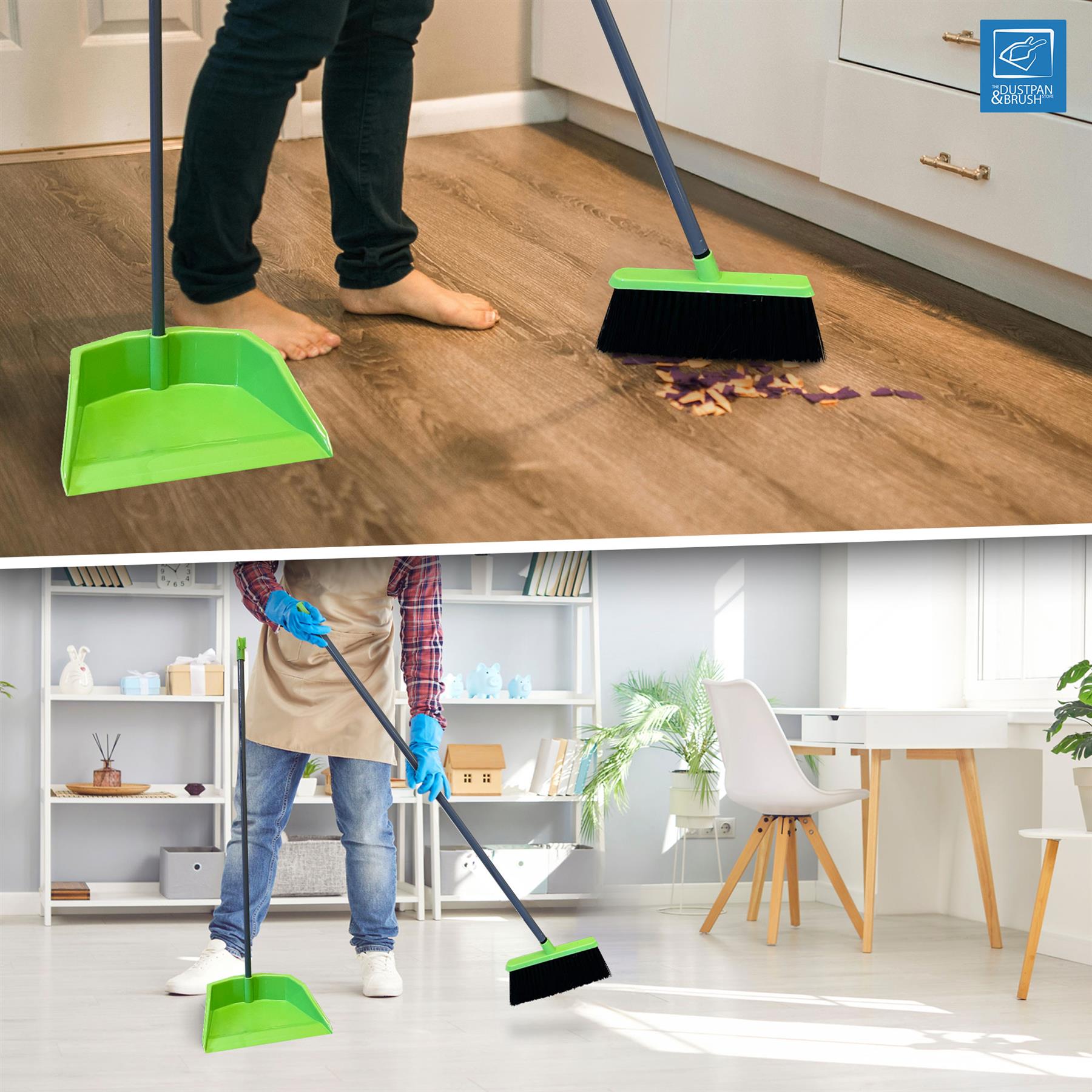 A green floor sweeper and matching dustpan set shown in use in a home interior. The top panel shows a person barefoot sweeping wood flooring with debris, and the bottom panel shows a person in a room with white floors sweeping with the set.