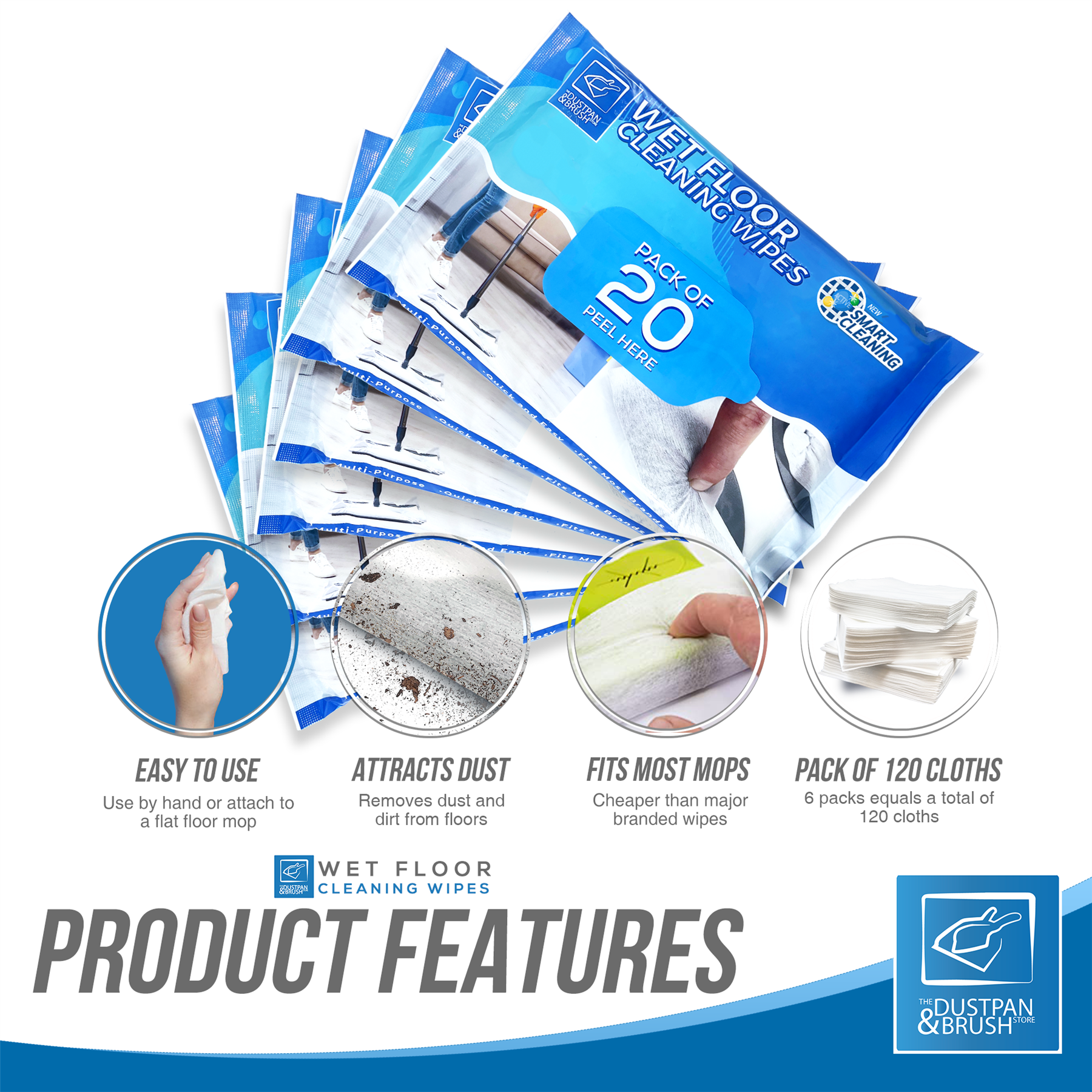 120 Wet Floor Cleaning Wipes - 6 Packs of 20 - The Dustpan and Brush Store