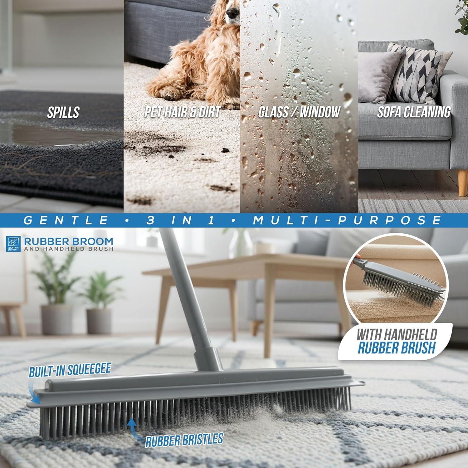A multi-purpose rubber broom cleaner shown in a home setting with labeled use cases including spills, pet hair and dirt, glass/window cleaning, and sofa cleaning. The broom is gray with black rubber bristles, and the image includes feature callouts such as built-in squeegee and handheld rubber brush.