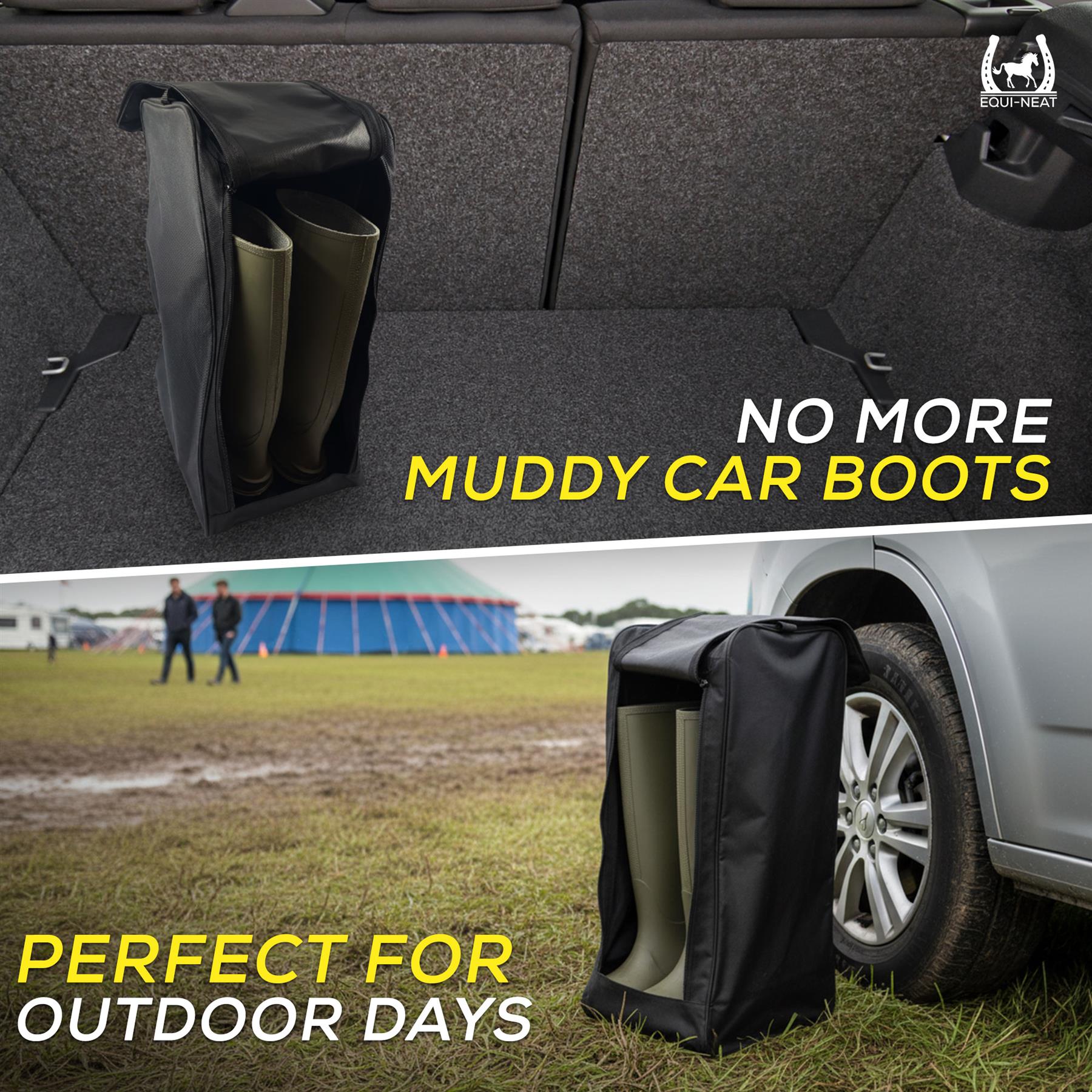 Large Boot Bag for Wellies & Walking Boots promotional panels: one inside a cars boot and one outdoors beside a car wheel on grass. The product is a black fabric boot cover with a large opening, designed to keep wellies dry.