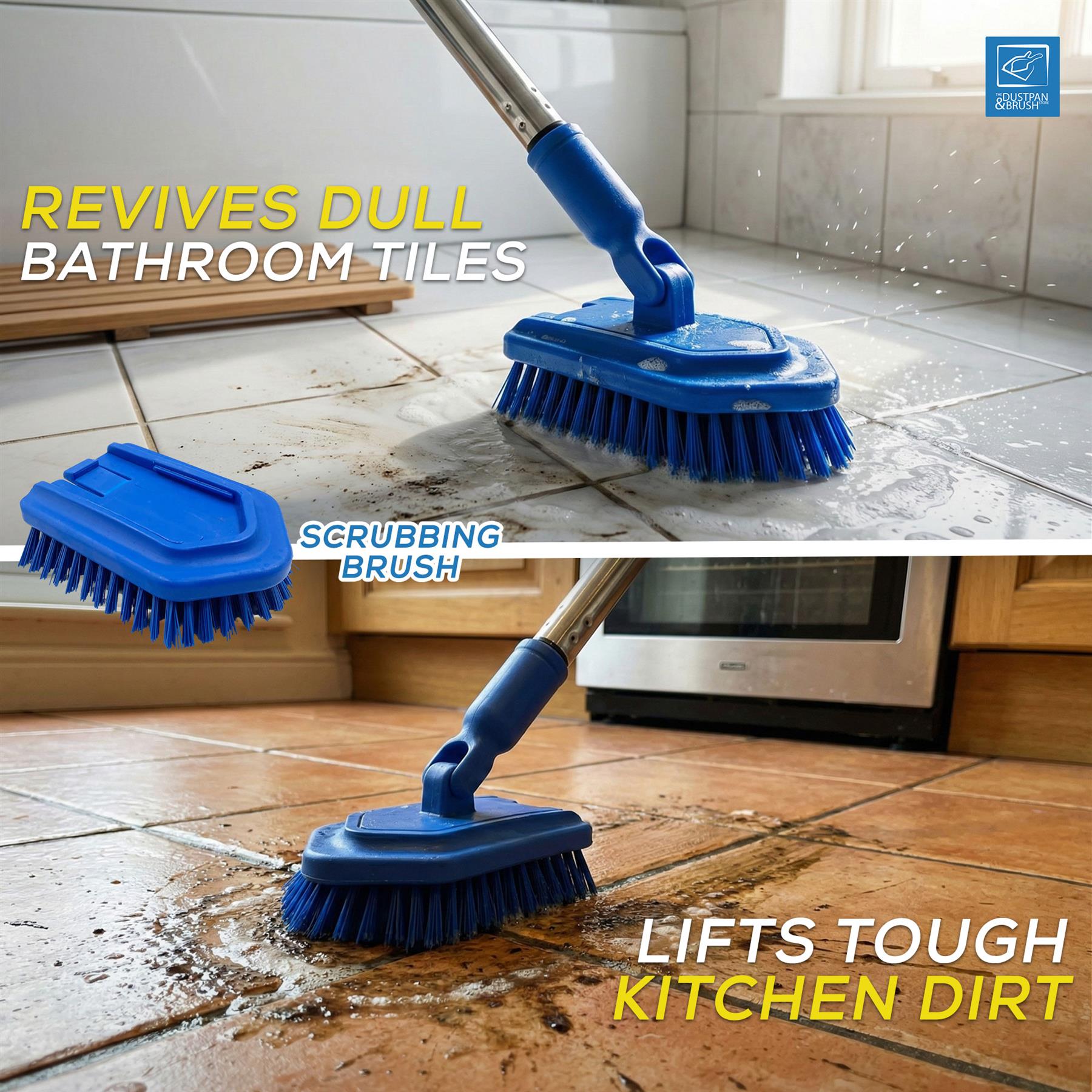 Scrubbing brush cleaning bathroom and kitchen tiles with text highlighting its effectiveness.