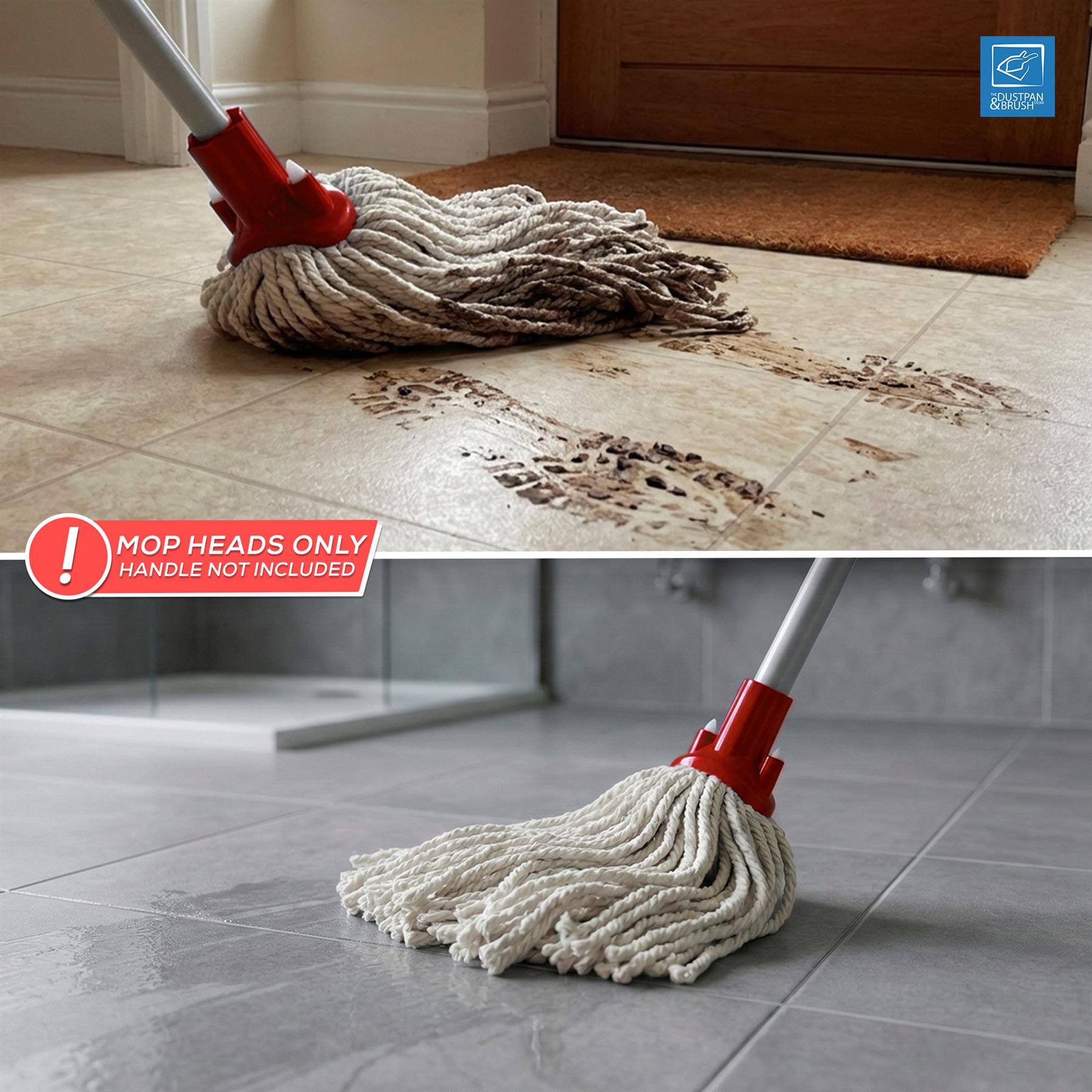 A two-panel image showing a cordless floor mop with a white microfiber head and red connector, demonstrating its use on beige tiled floor with dirt stains and grey tiled floor. Includes a red banner stating 'MOP HEADS ONLY HANDLE NOT INCLUDED'