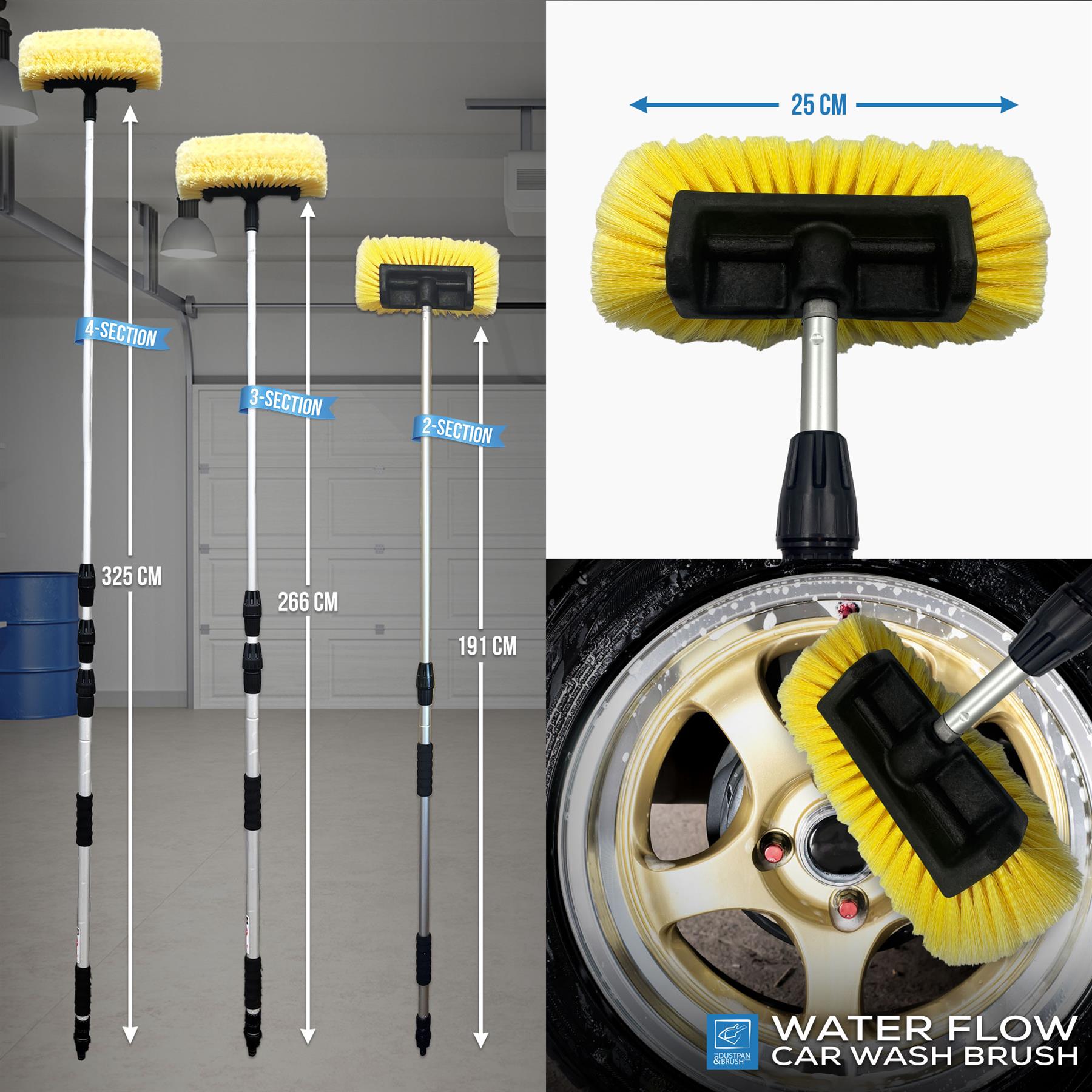 Three long car wash brushes in different heights shown in a garage setting, plus close-up views of the brush heads and one brush cleaning a gold car wheel. Blue arrows and labels indicate brush head width of 25 cm and brush heights of 325 cm, 266 cm, and 181 cm.