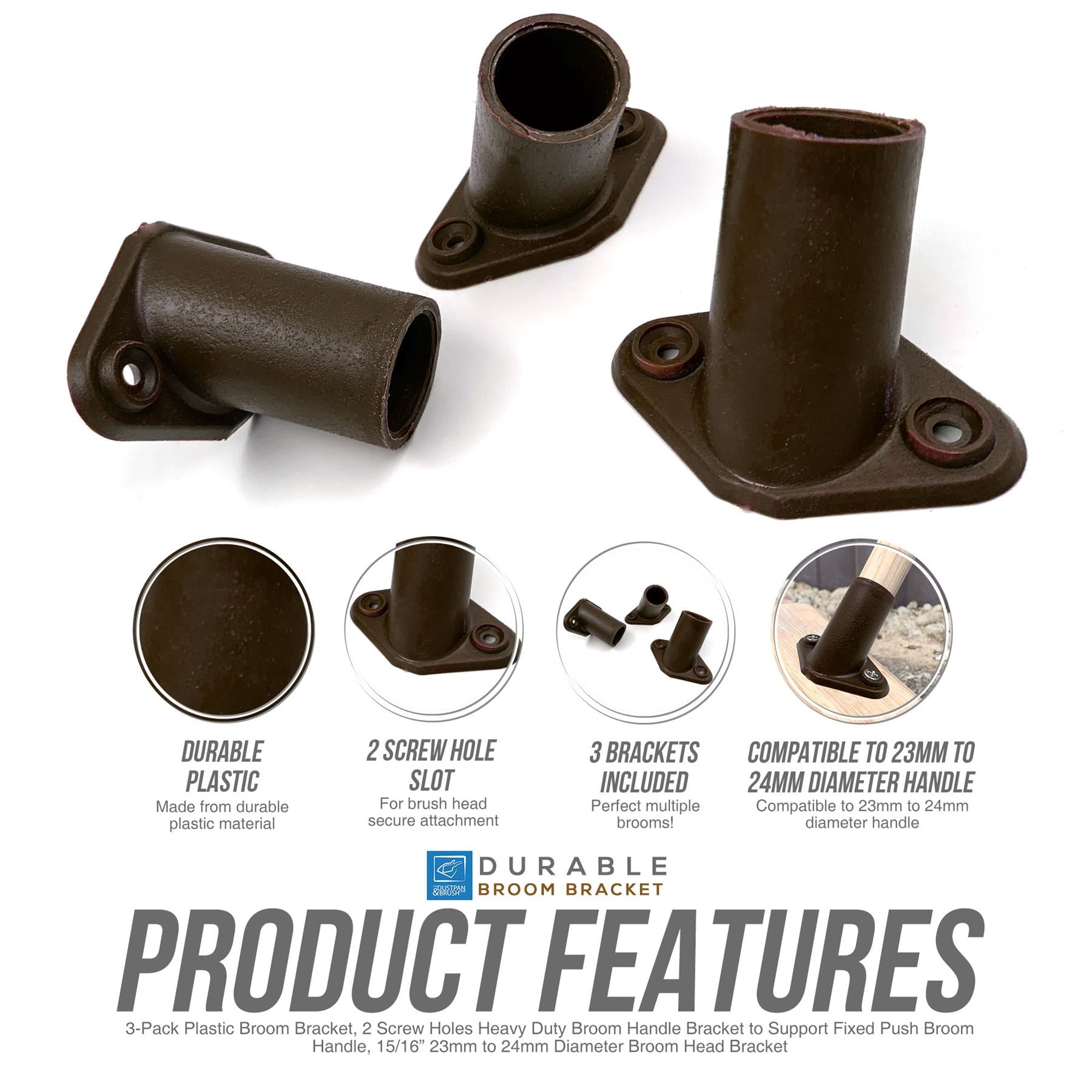 Three dark brown plastic brush head brackets shown on a white background with feature callouts and text. The image includes circular inset details and a large 'Product Features' heading at the bottom.