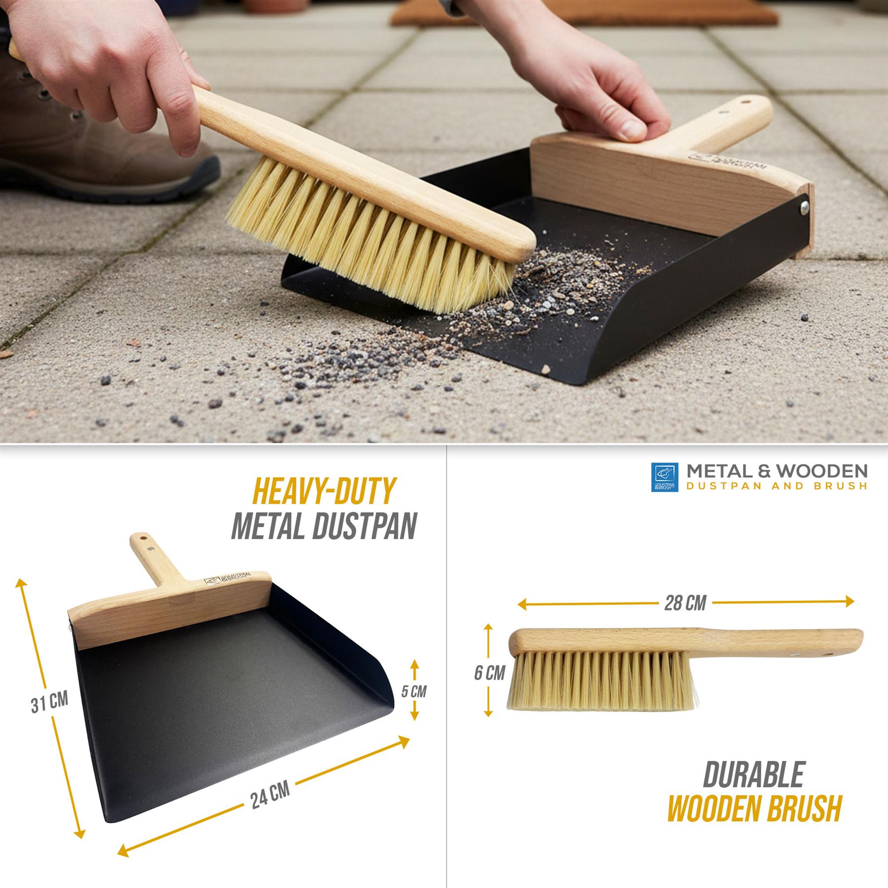 A metal and wooden dustpan with an attached durable wooden brush, shown being used outdoors to sweep pavement debris, plus two inset product detail views with dimensions labeled.