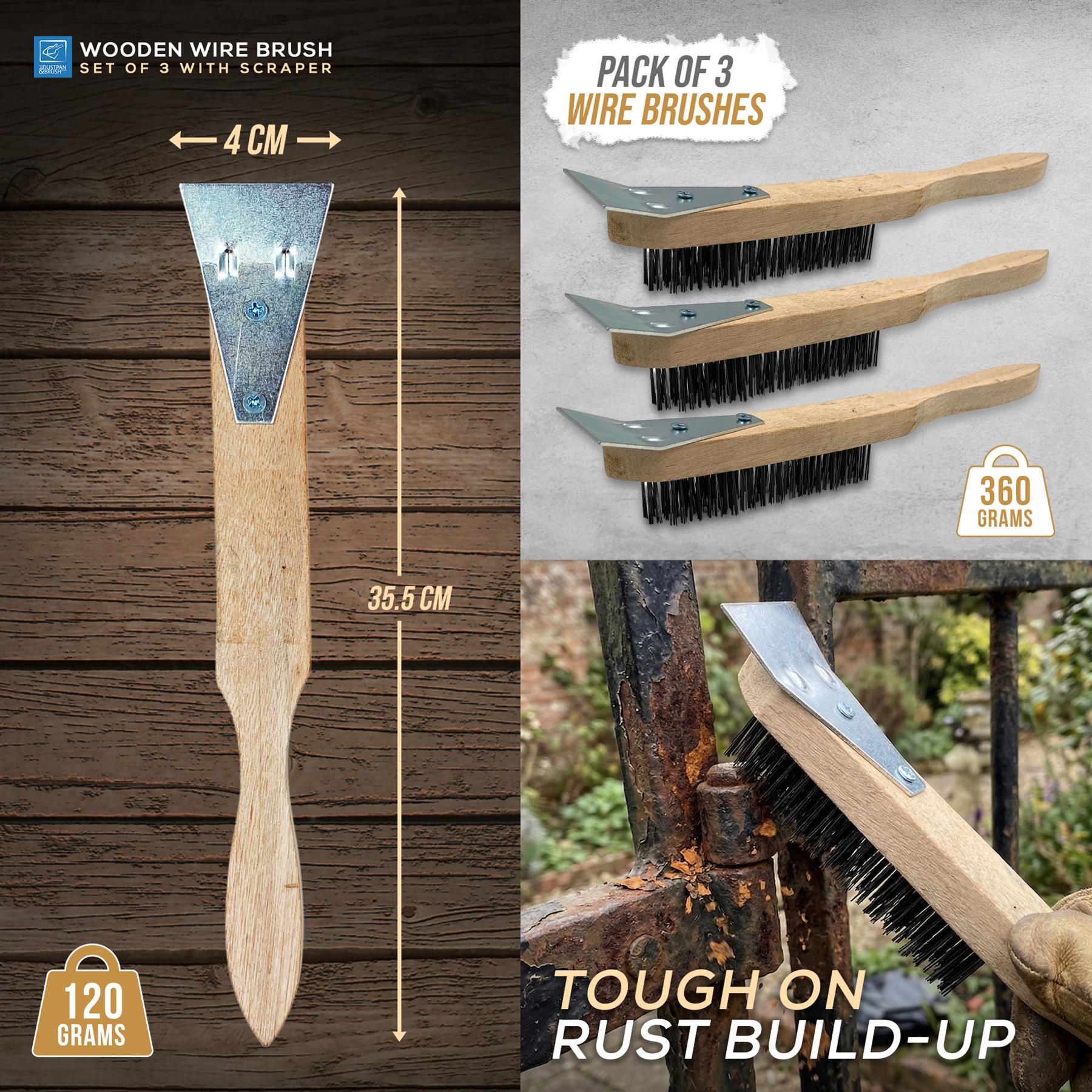 A collage showing a wooden wire brush set with measurement callouts, a pack of three wire brushes, and a close-up use scene. Text includes 'WOODEN WIRE BRUSH SET OF 3 WITH SCRAPERS', 'PACK OF 3 WIRE BRUSHES', 'TOUGH ON RUST BUILD-UP', and weight claims.