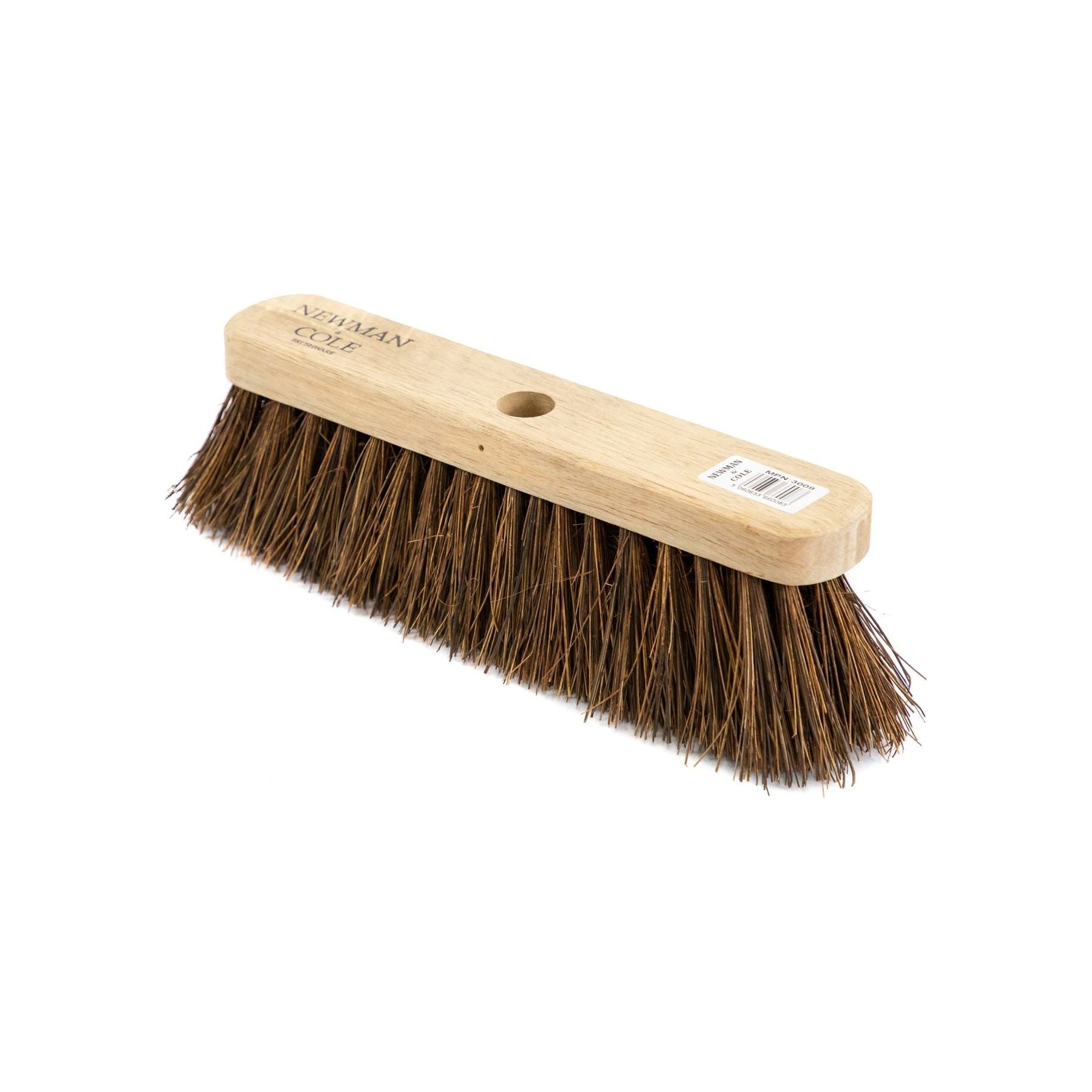 12" Newman and Cole Natural Stiff Bassine Broom Head with Hole and Wooden Handle - The Dustpan and Brush Store