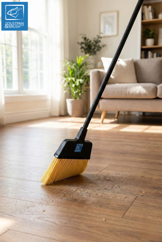 A floor broom with yellow bristles and a black handle is shown sweeping a wooden floor in a bright, modern living room.