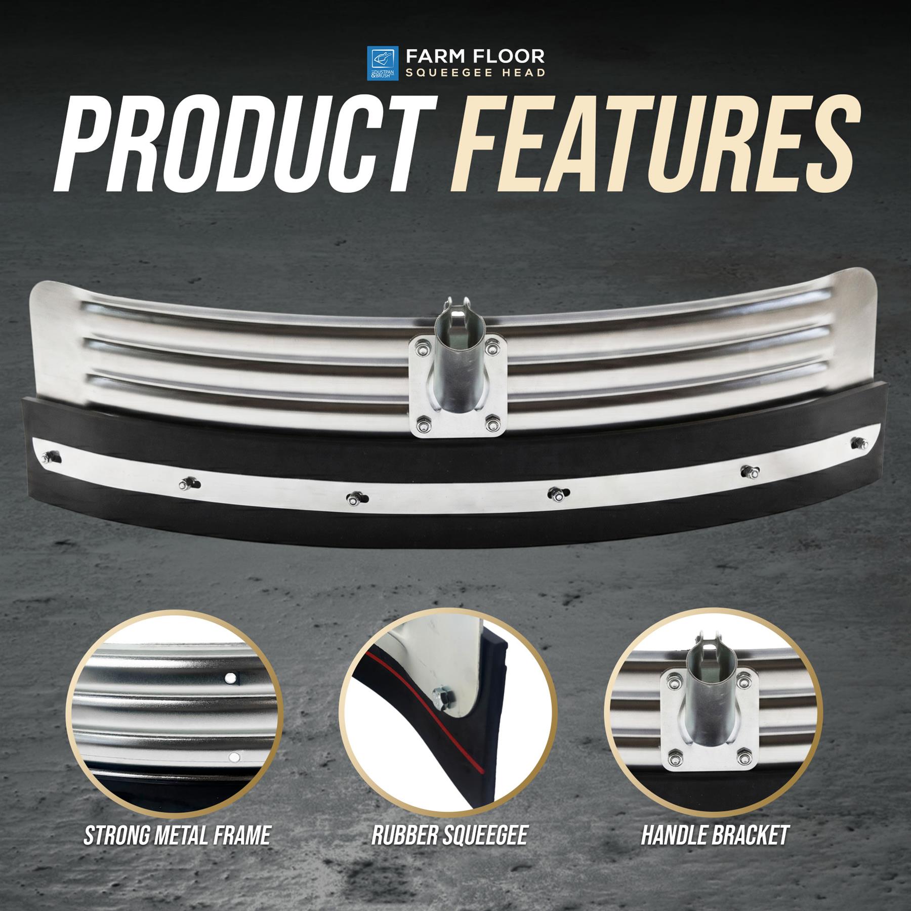 Farm floor squeegee head with product features on a dark background