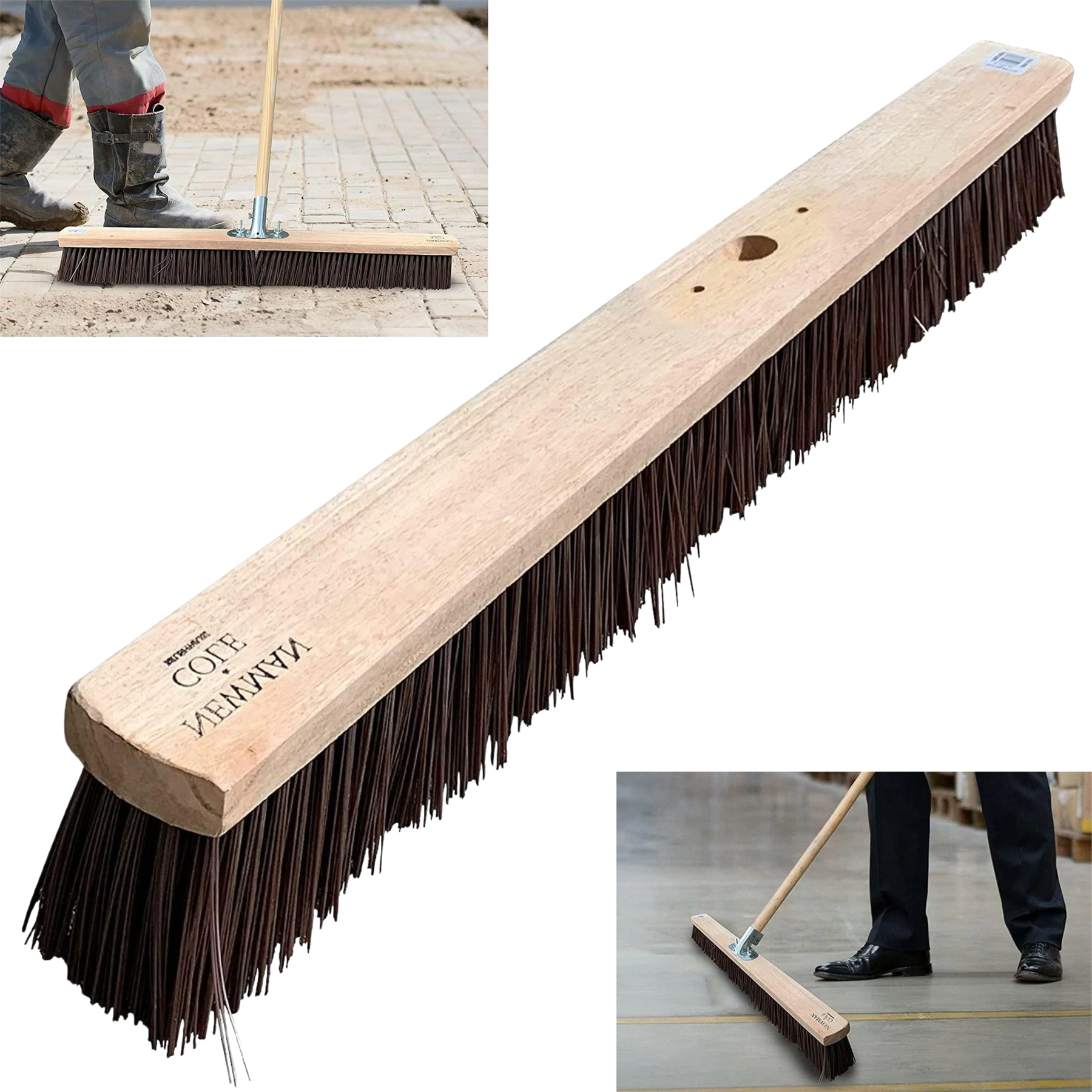Long wooden push broom with bristles on a white background