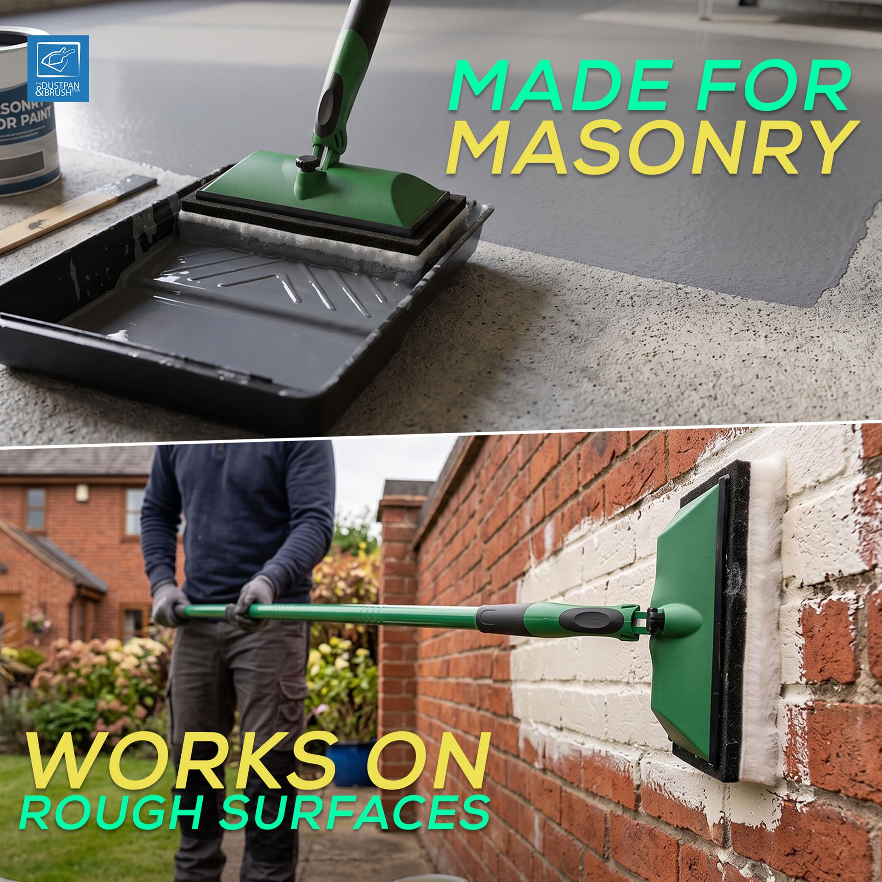 A split promotional image showing a green and black paint roller tool in use. The top half shows the tool applying dark paint to a concrete surface with the text 'MADE FOR MASONRY'.