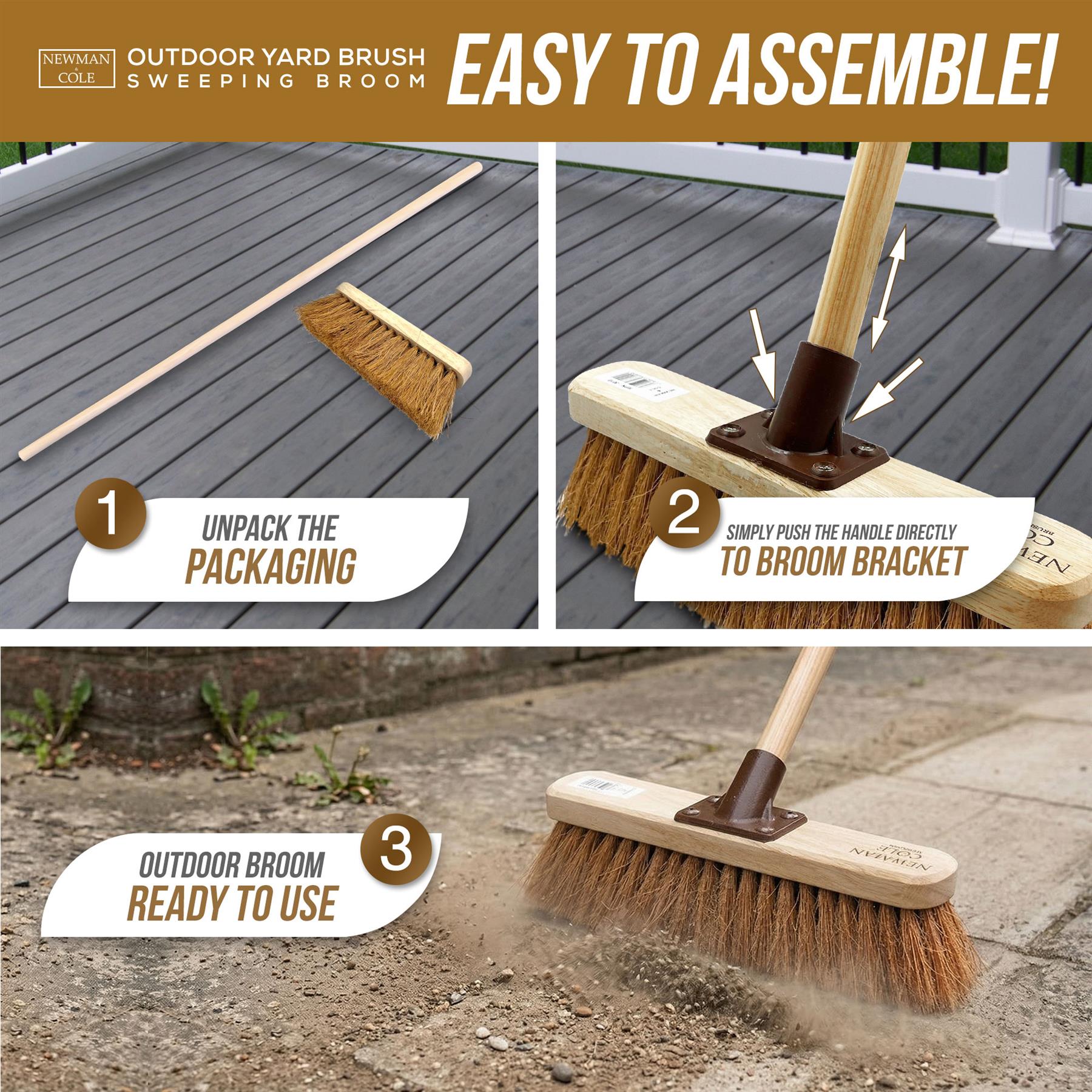 12" Newman & Cole Natural Coco Broom with Wooden Handle - The Dustpan and Brush Store