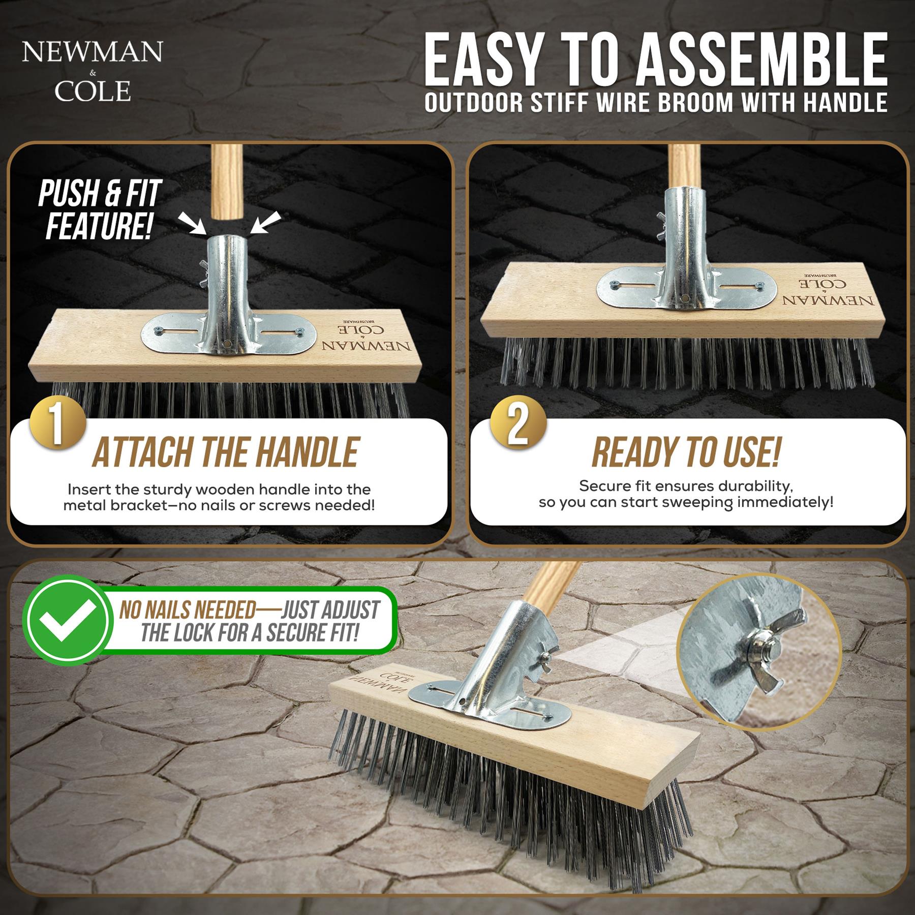 Newman Cole outdoor stiff wire broom with handle, shown in an instructional assembly graphic with step-by-step panels and text explaining how to attach the handle and use it on stone pavement.