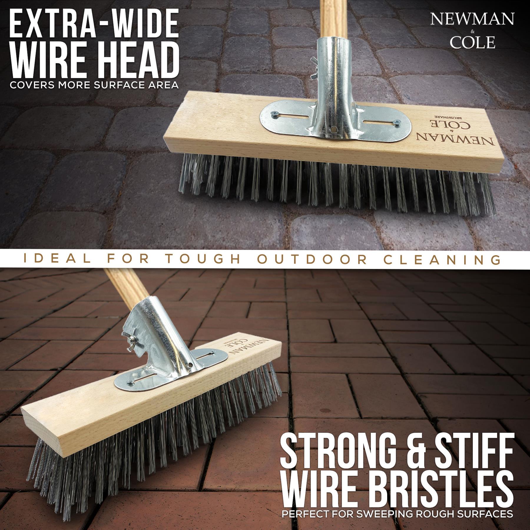 12" Newman & Cole Wire Broom - Extra wide wire head and strong and stiff wire bristles on pavement