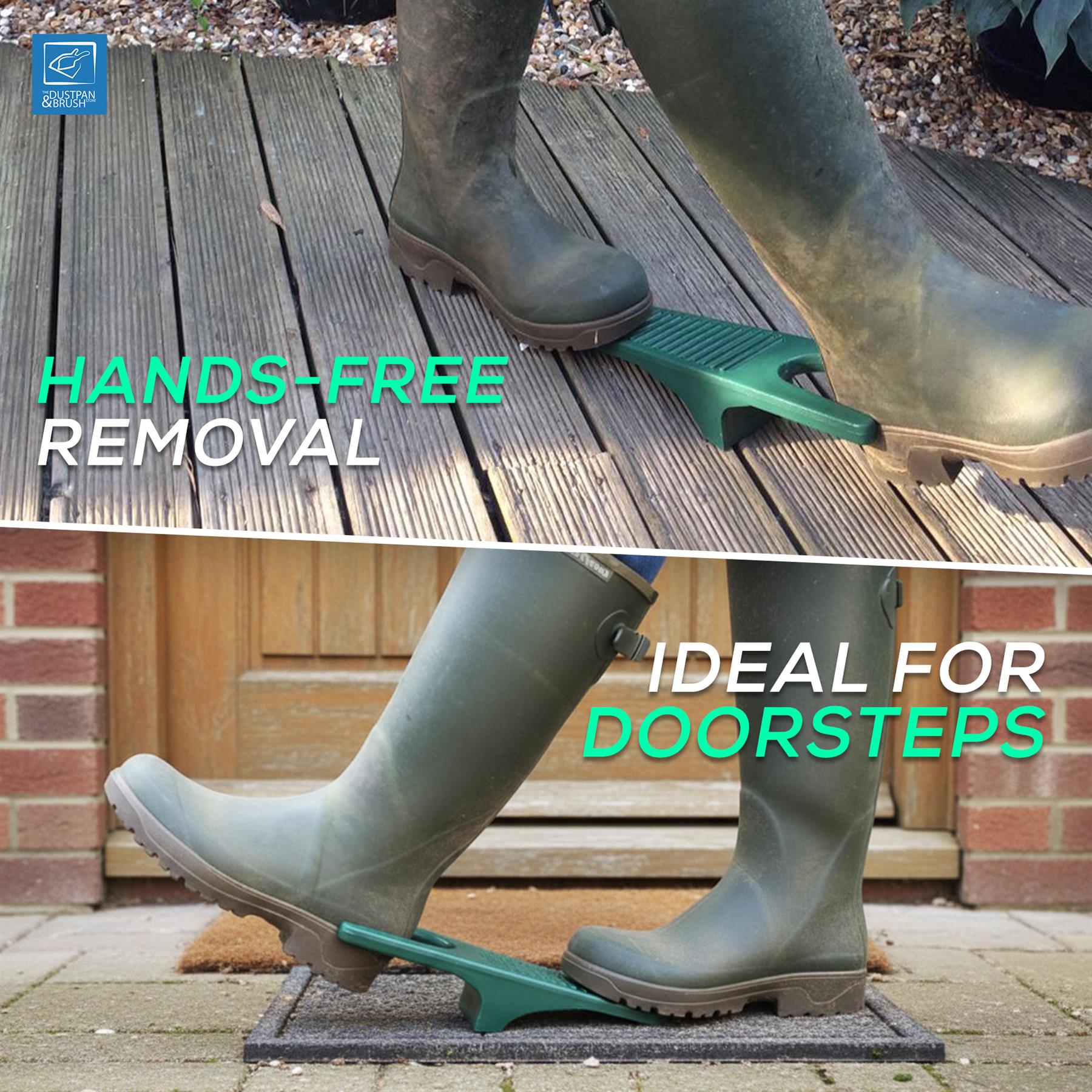 Green boot jack being used to remove boots from a wooden deck and doorsteps.