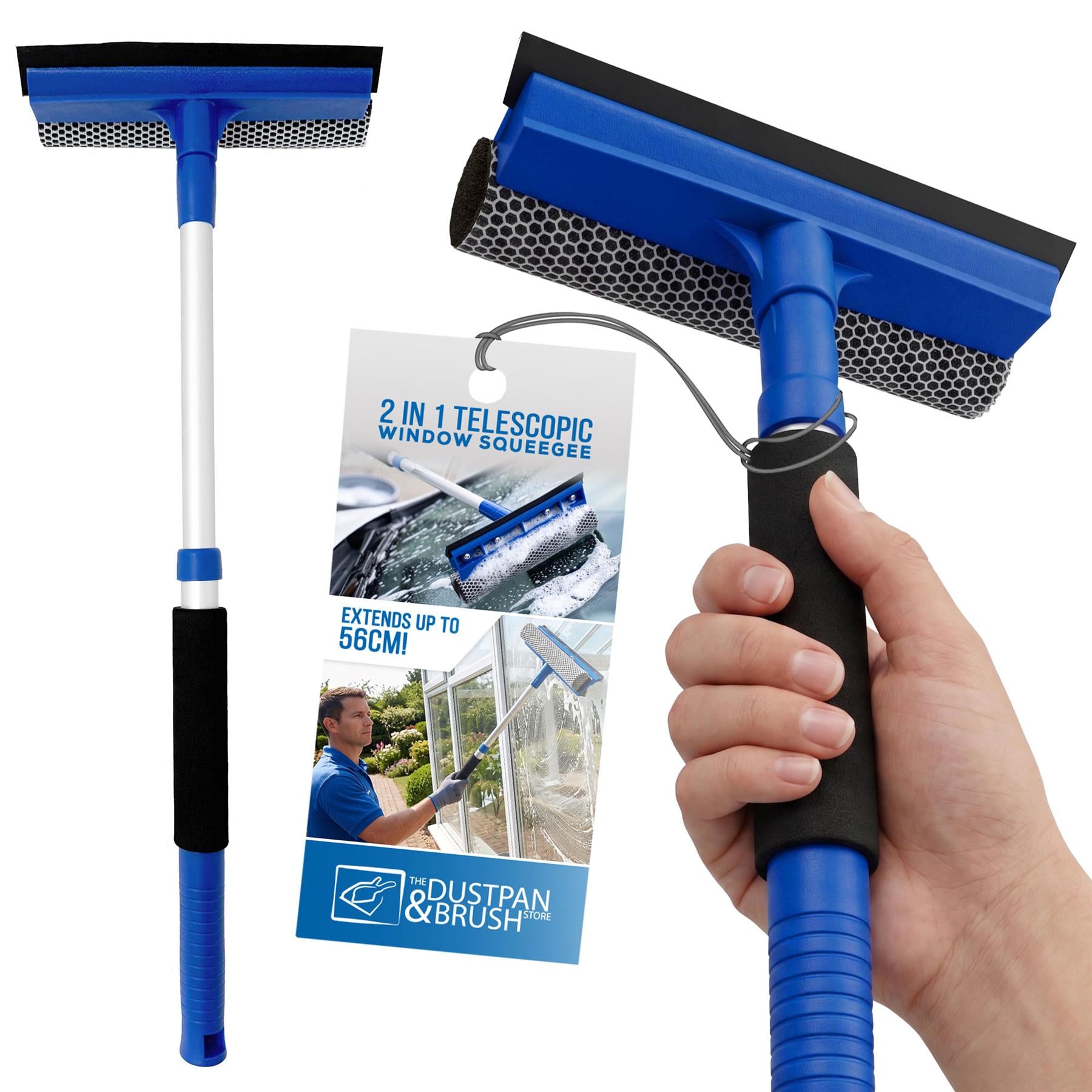 2-in-1 telescopic window squeegee with a hand holding it on a white background